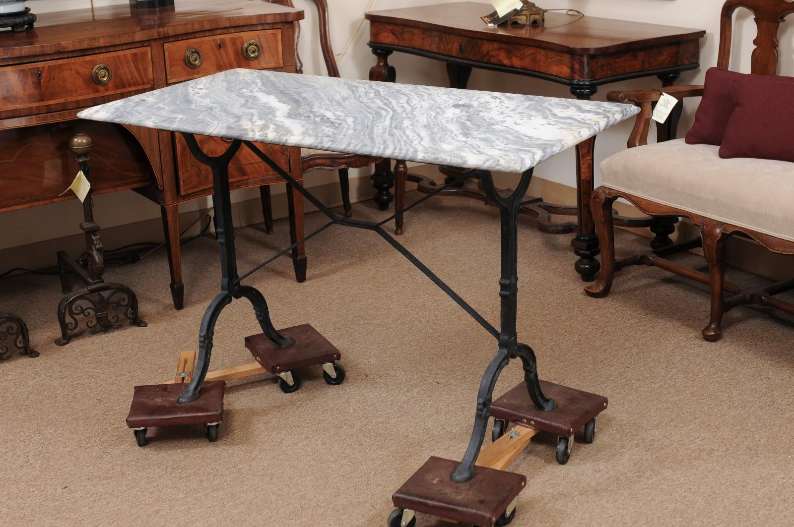 Iron Console Table with X-Stretcher, Hoof Feet, & Grey Marble Top, France 19th C 9