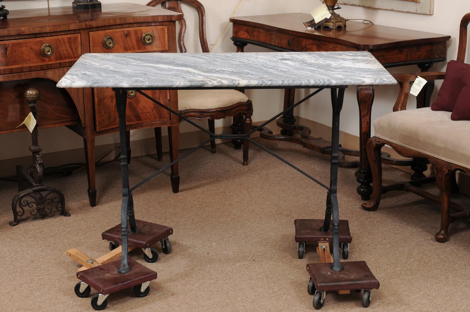 Iron Console Table with X-Stretcher, Hoof Feet, & Grey Marble Top, France 19th C 10