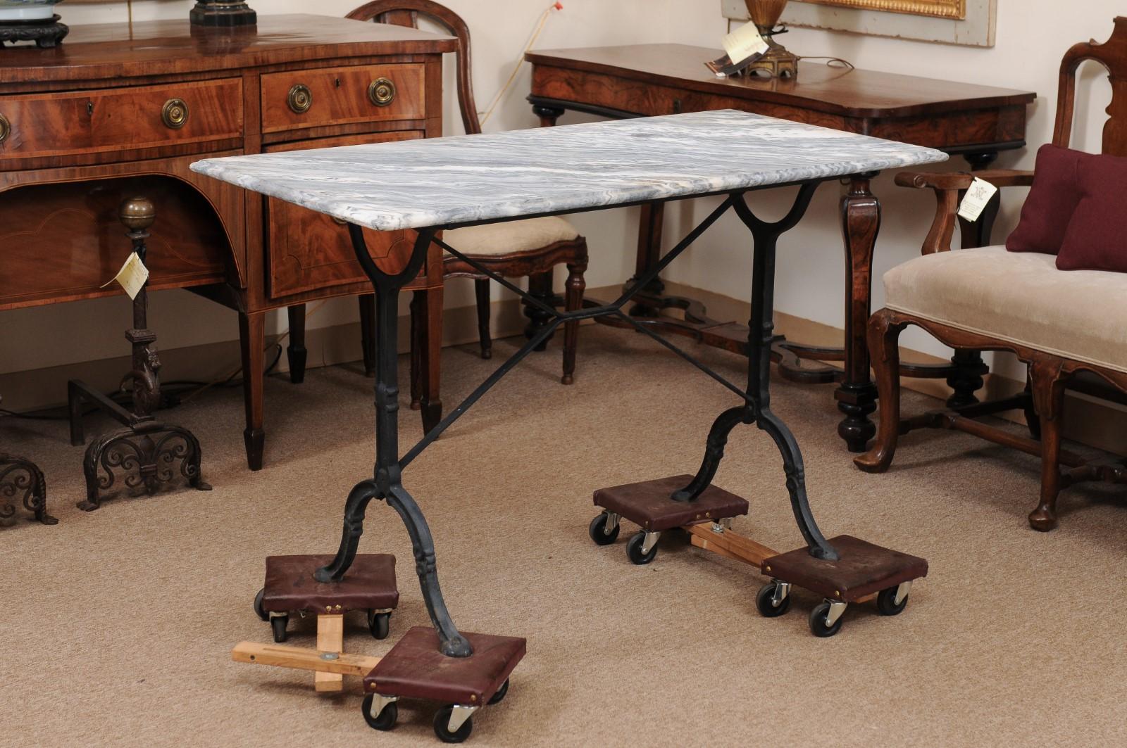 Iron Console Table with X-Stretcher, Hoof Feet, & Grey Marble Top, France 19th Century