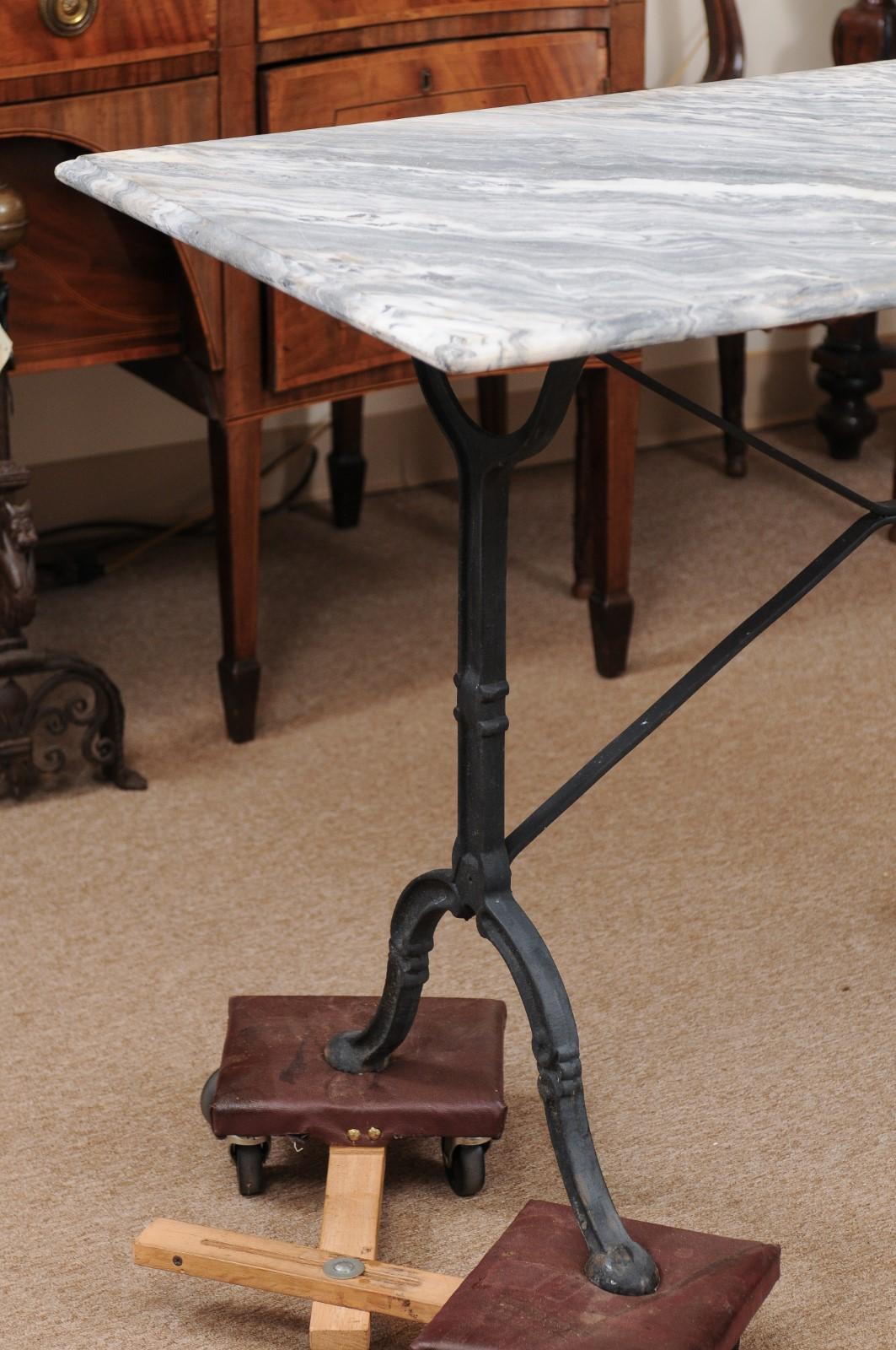 French Iron Console Table with X-Stretcher, Hoof Feet, & Grey Marble Top, France 19th C