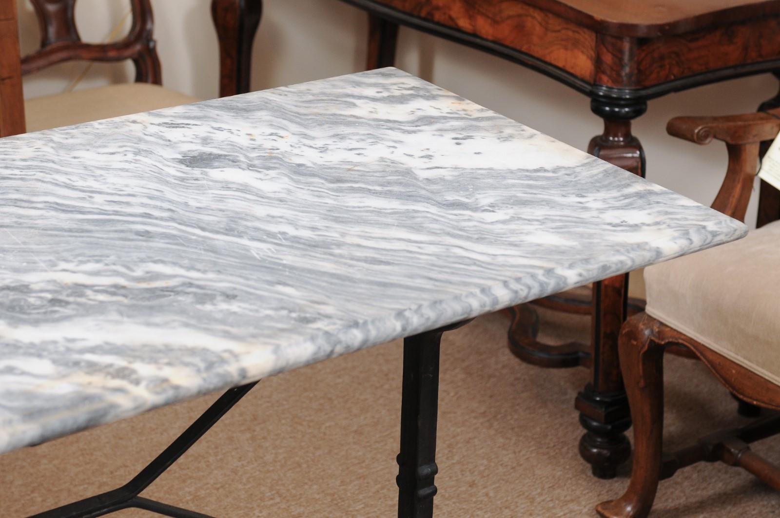 19th Century Iron Console Table with X-Stretcher, Hoof Feet, & Grey Marble Top, France 19th C
