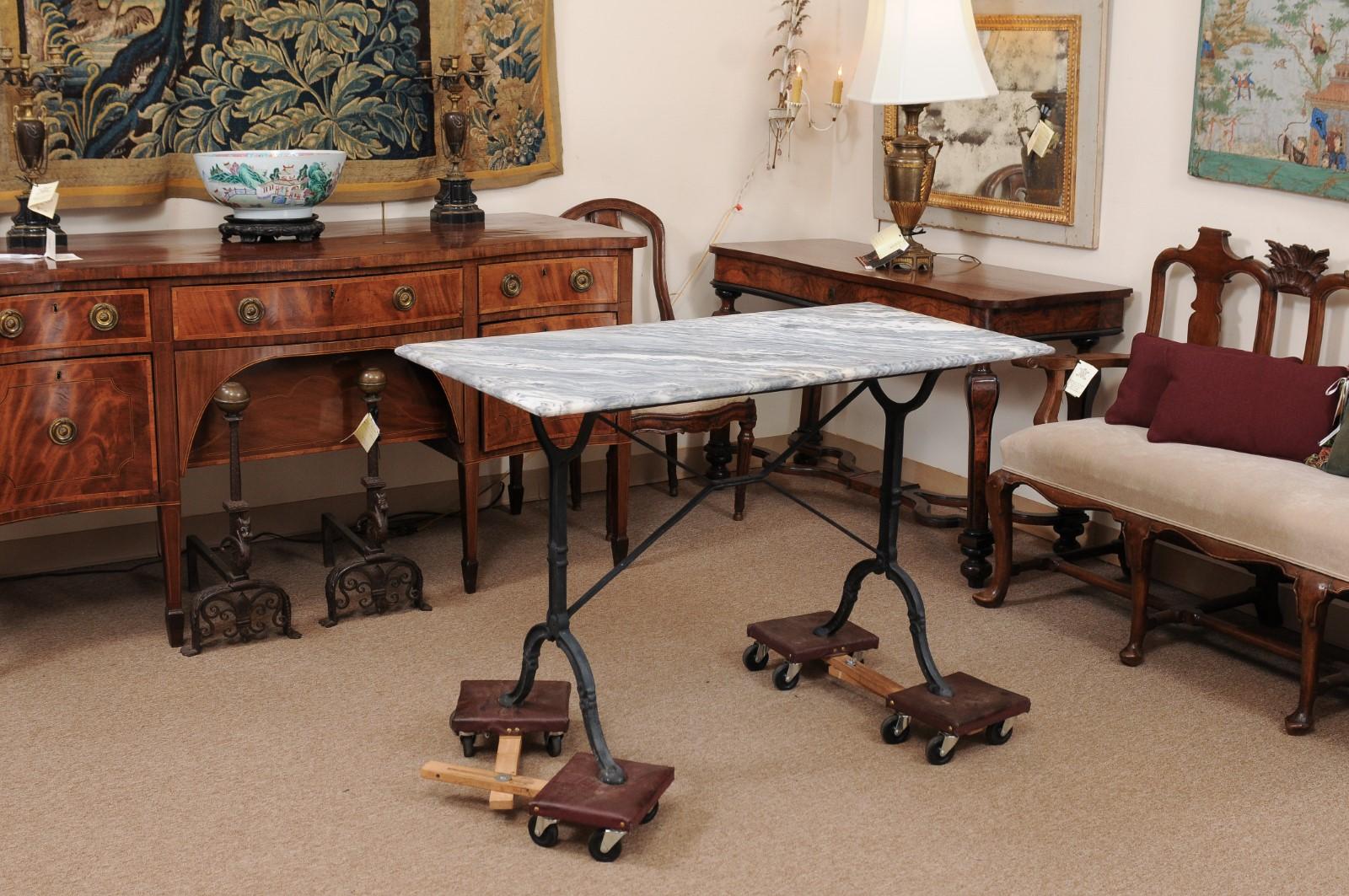 Iron Console Table with X-Stretcher, Hoof Feet, & Grey Marble Top, France 19th C 2