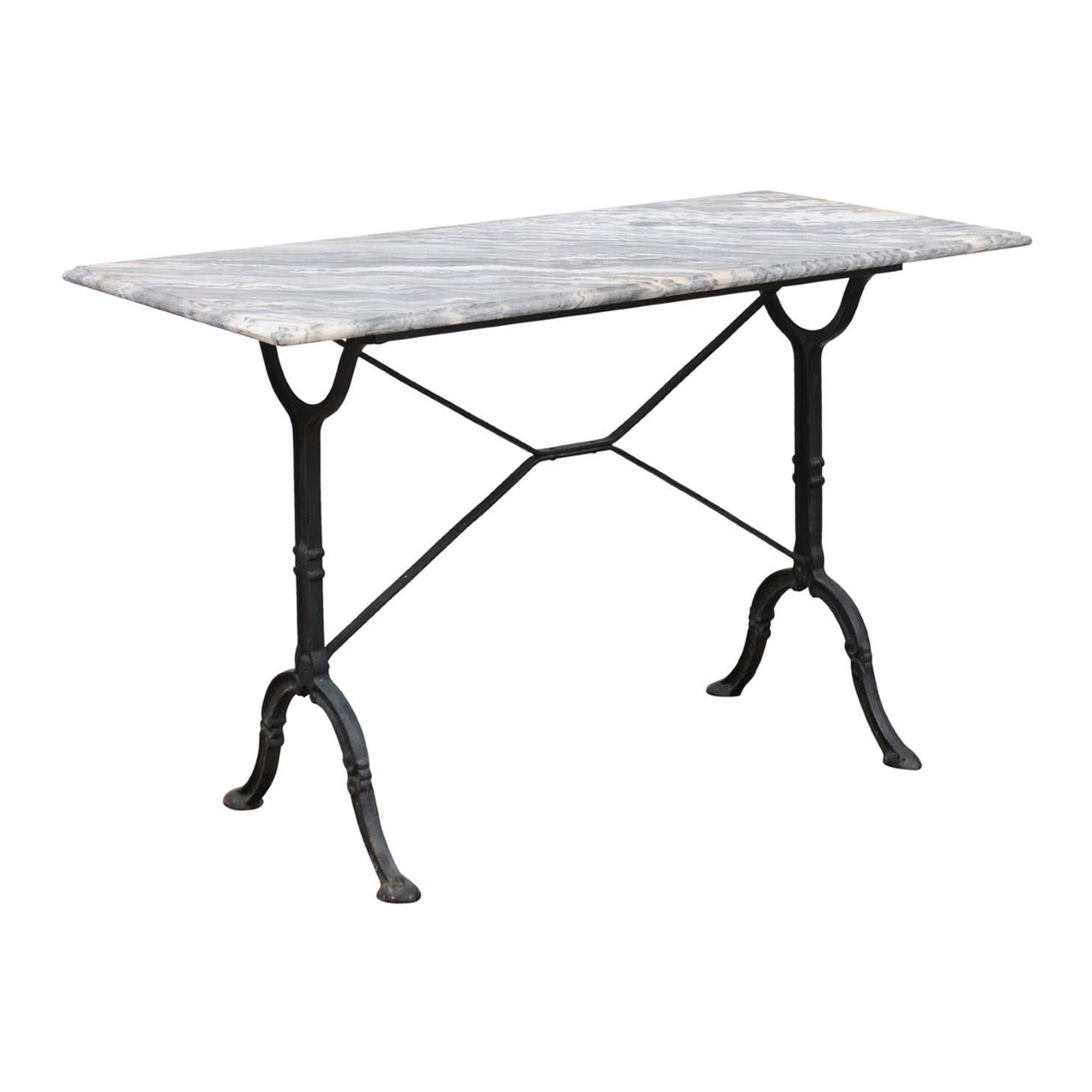 Iron Console Table with X-Stretcher, Hoof Feet, & Grey Marble Top, France 19th C