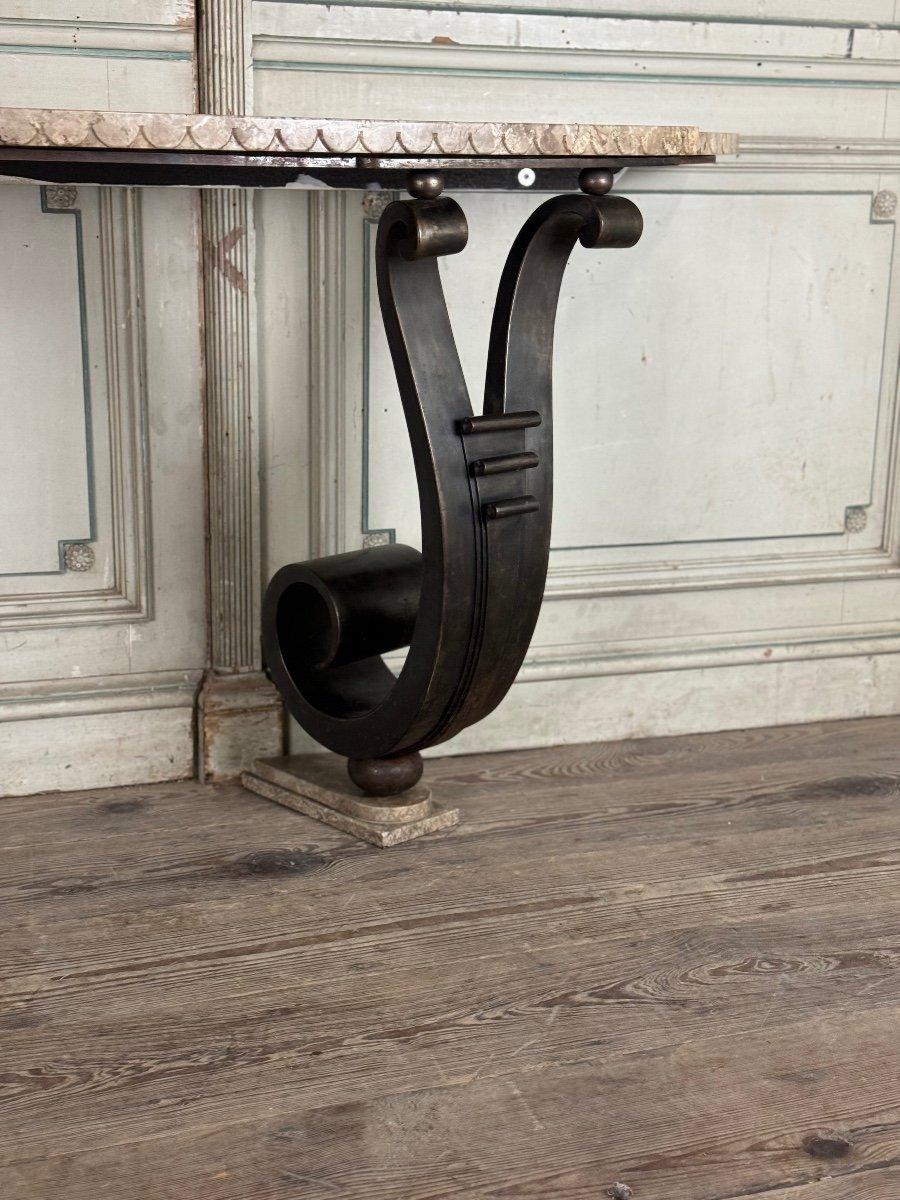 Iron Console With Double Winding Leg, Beige Marble Top Carved In Belt For Sale 4