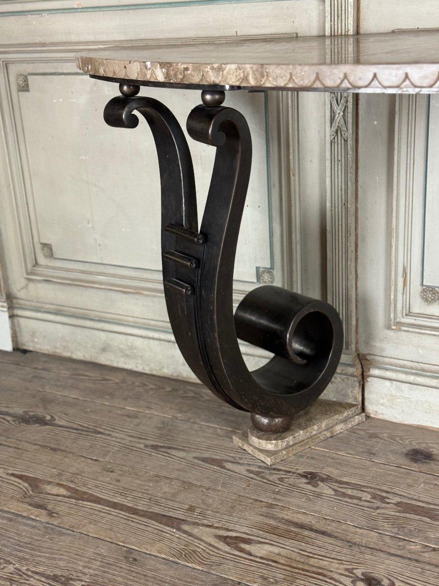 Iron Console With Double Winding Leg, Beige Marble Top Carved In Belt For Sale 7