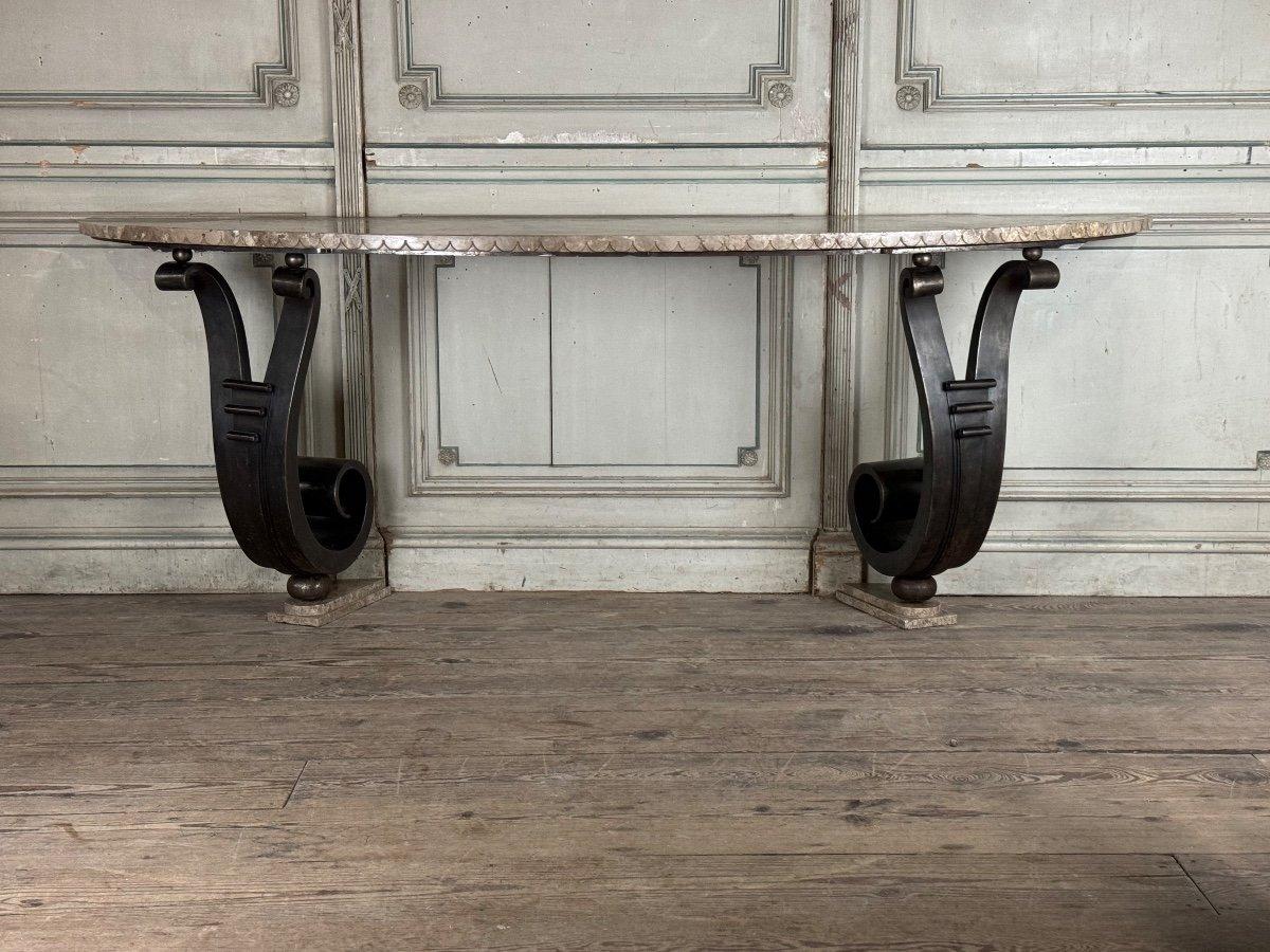 Iron Console With Double Winding Leg, Beige Marble Top Carved In Belt For Sale 1