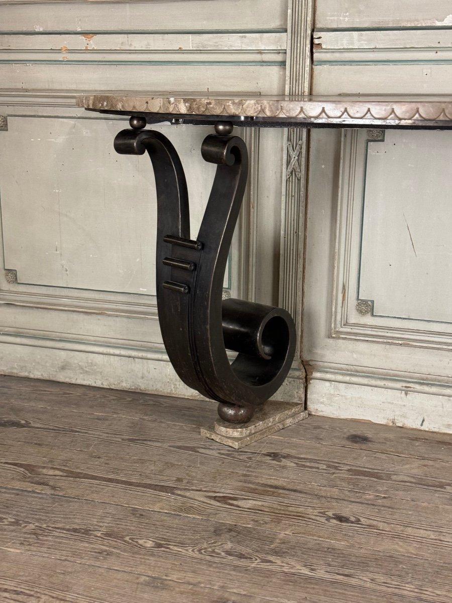 Iron Console With Double Winding Leg, Beige Marble Top Carved In Belt For Sale 2