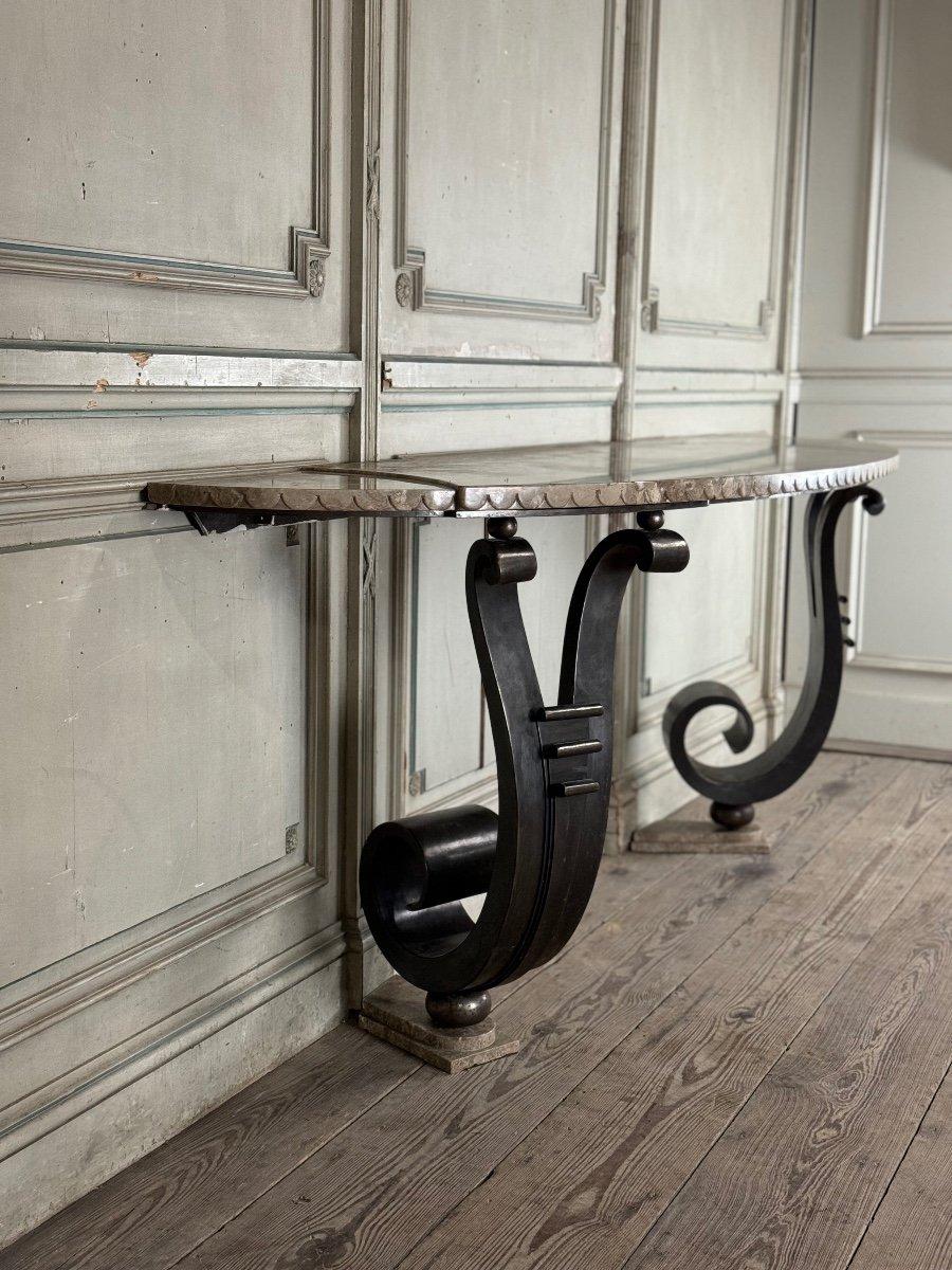 Iron Console With Double Winding Leg, Beige Marble Top Carved In Belt For Sale 3