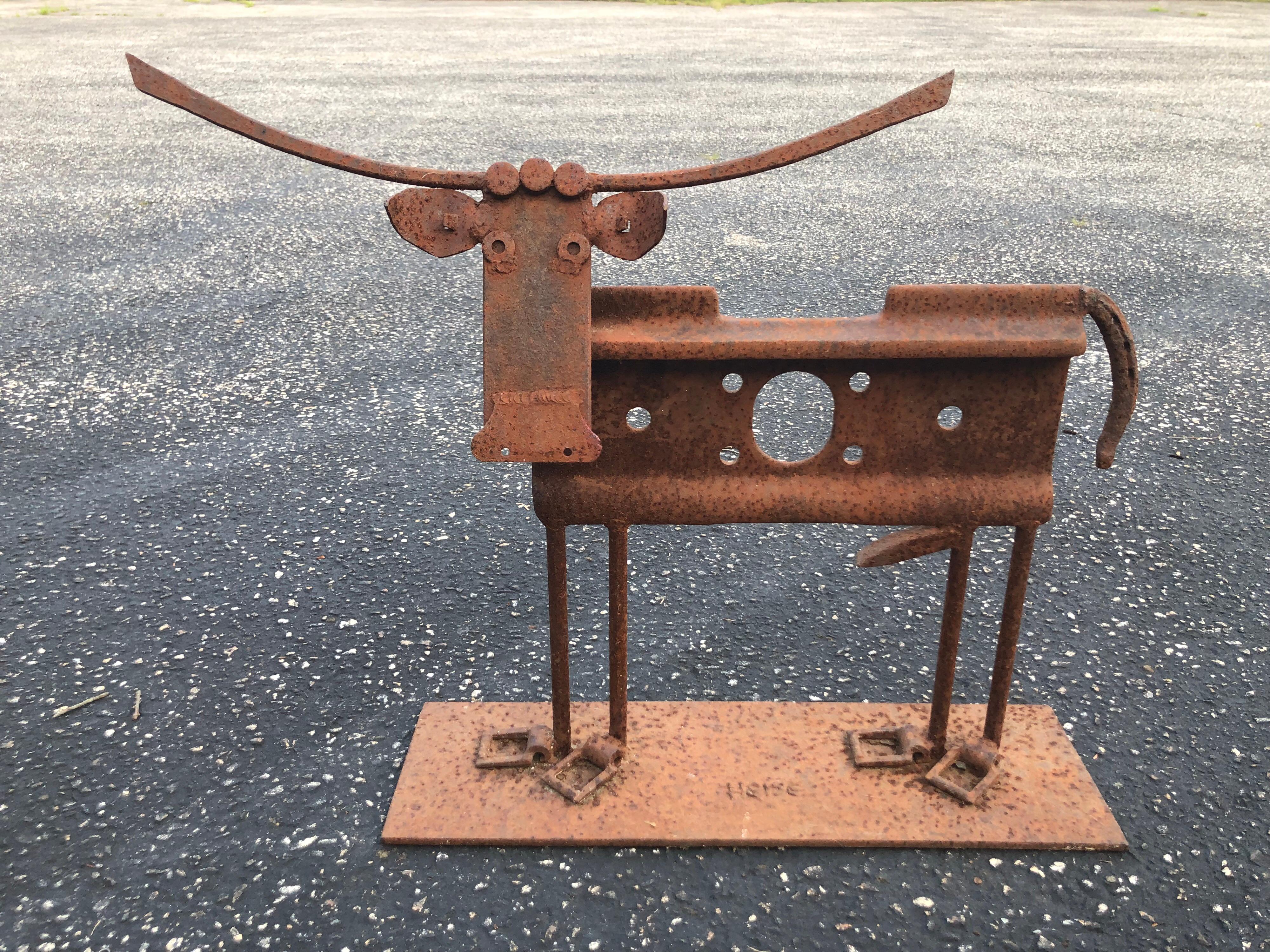 Folk Art Iron Cow Sculpture Signed Heiss