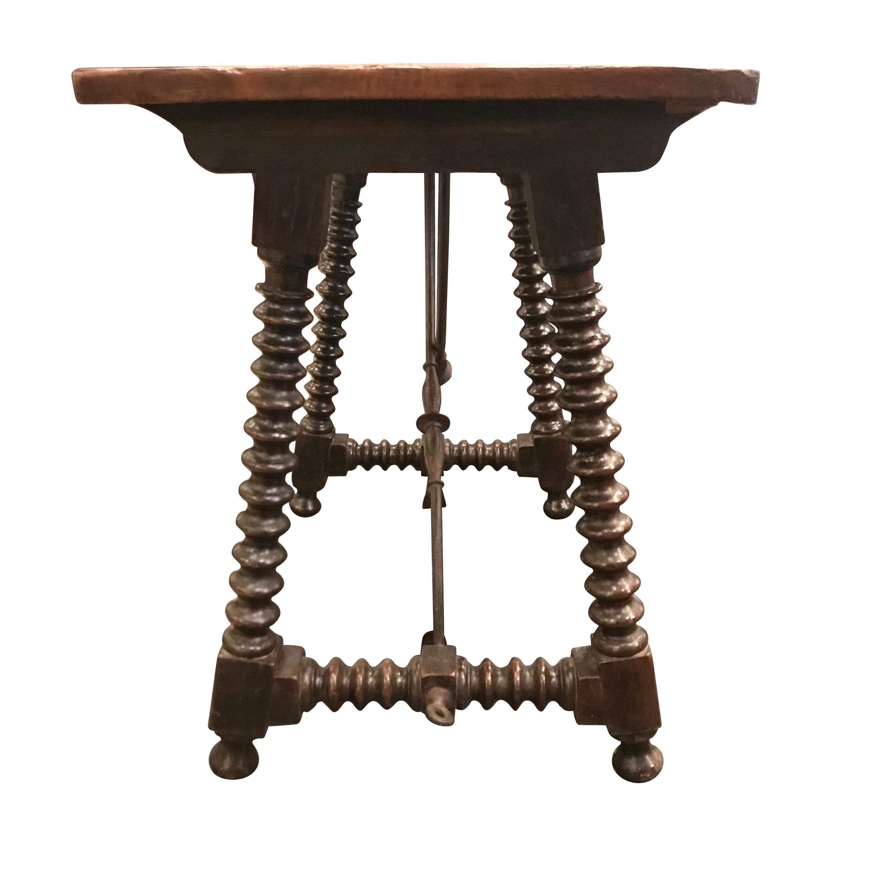 Spanish Iron Cross Base Wood Side Table, Spain, 19th Century