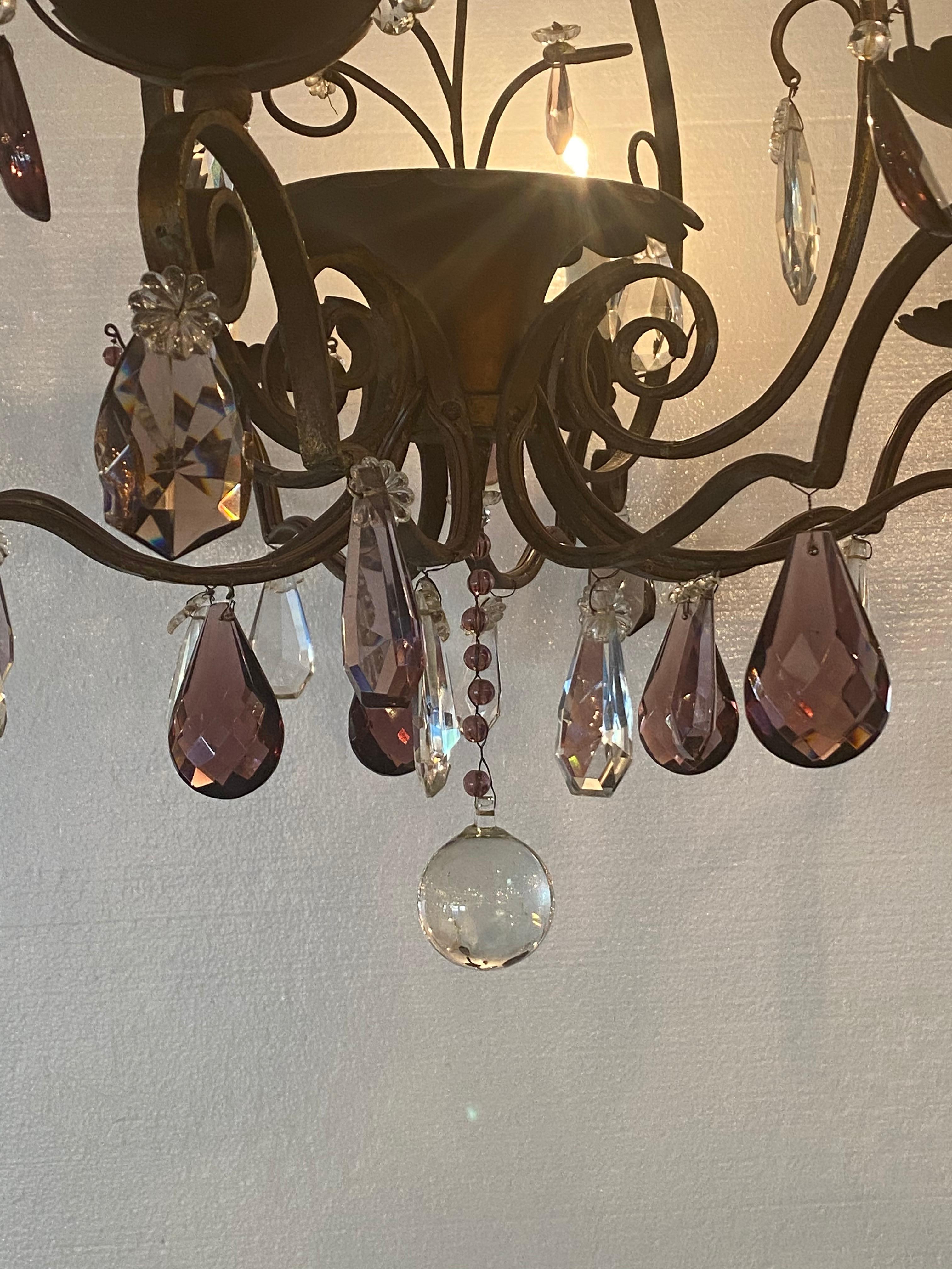 Country Iron and Crystal Chandelier For Sale