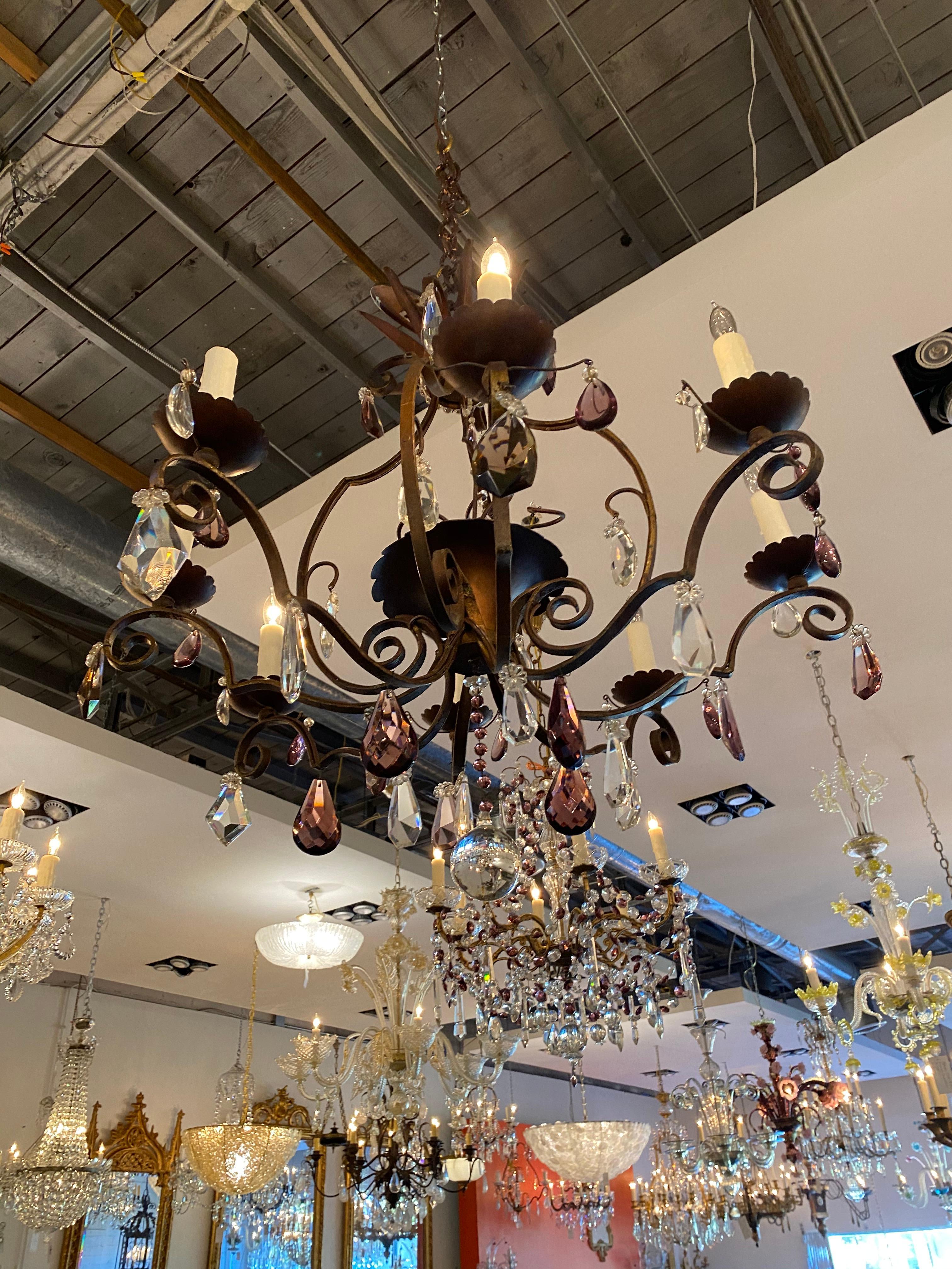 German Iron and Crystal Chandelier For Sale