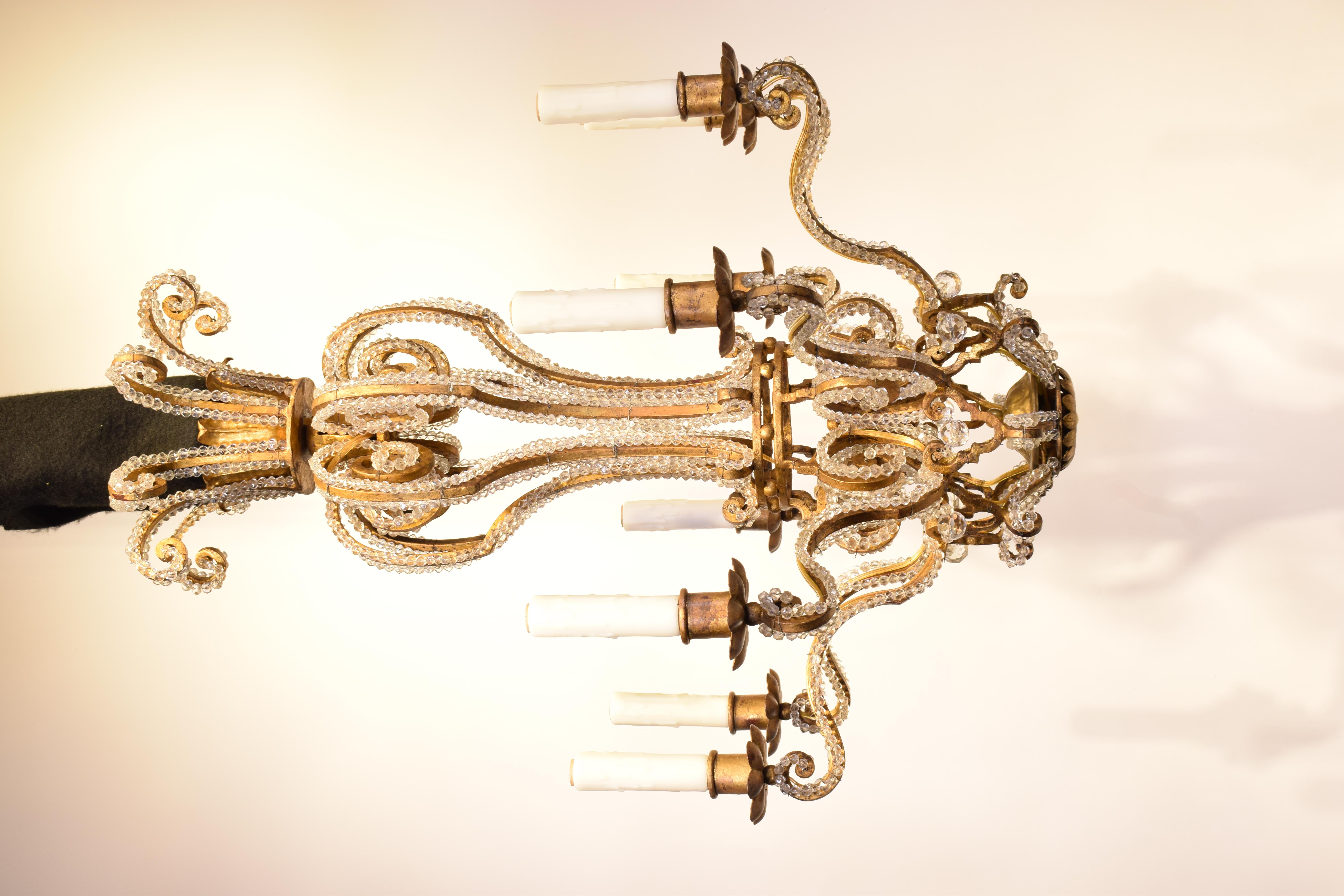 Mid-20th Century Iron & Crystal Chandelier For Sale