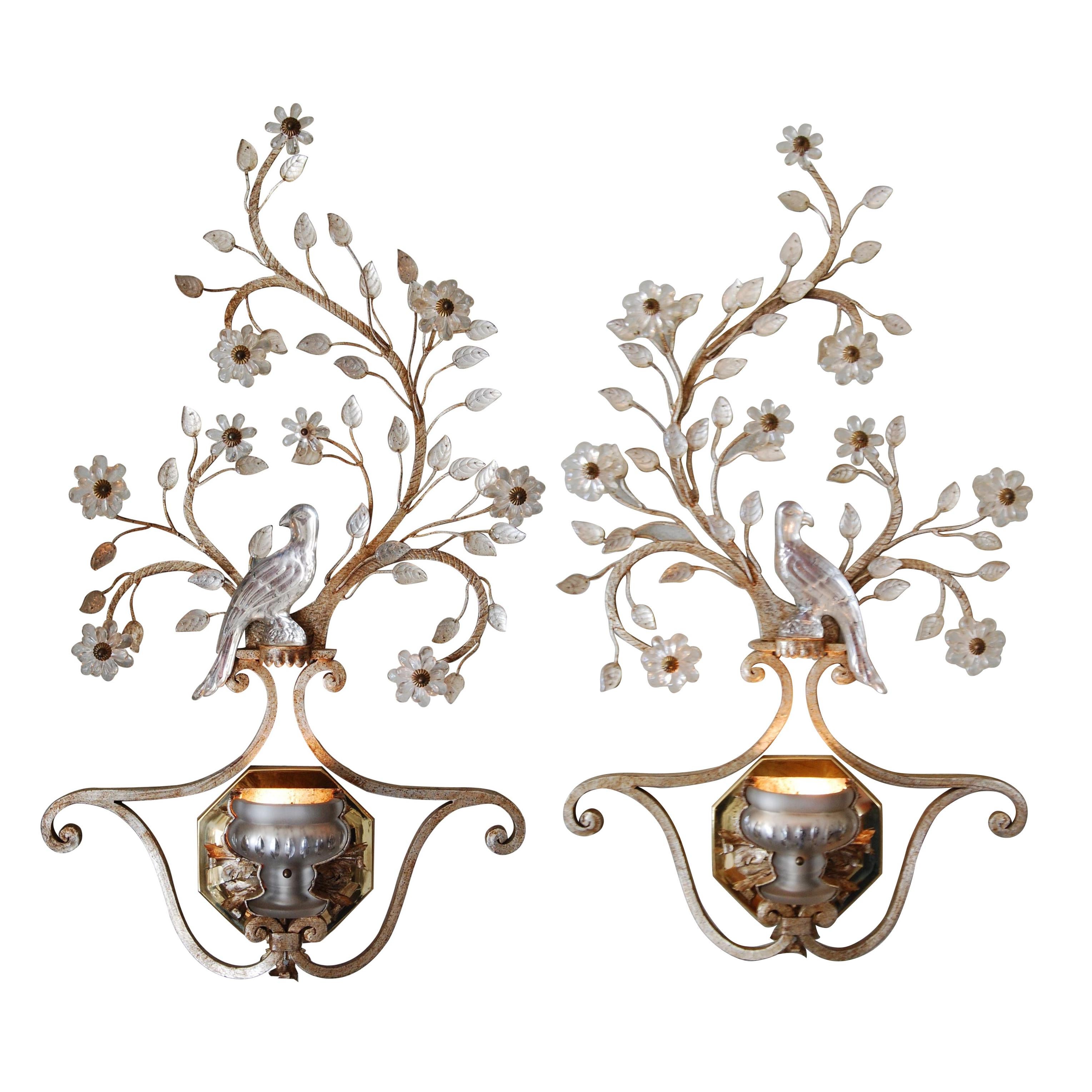 Pair Iron & Crystal Silver Leaf Wall Sconces by Banci Firenze, Italy circa 1950 For Sale