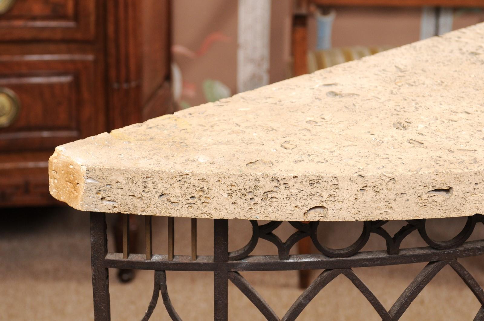 Iron Demilune Console Table with Fossilized Stone Top, Late 19th Century 6