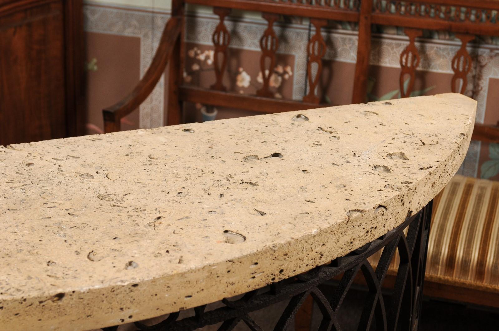 Iron Demilune Console Table with Fossilized Stone Top, Late 19th Century 7