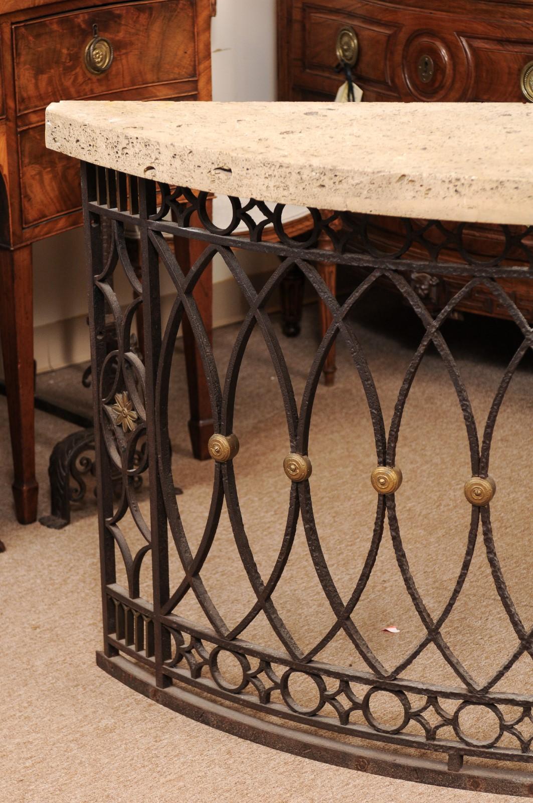 Iron Demilune Console Table with Fossilized Stone Top, Late 19th Century In Good Condition In Atlanta, GA