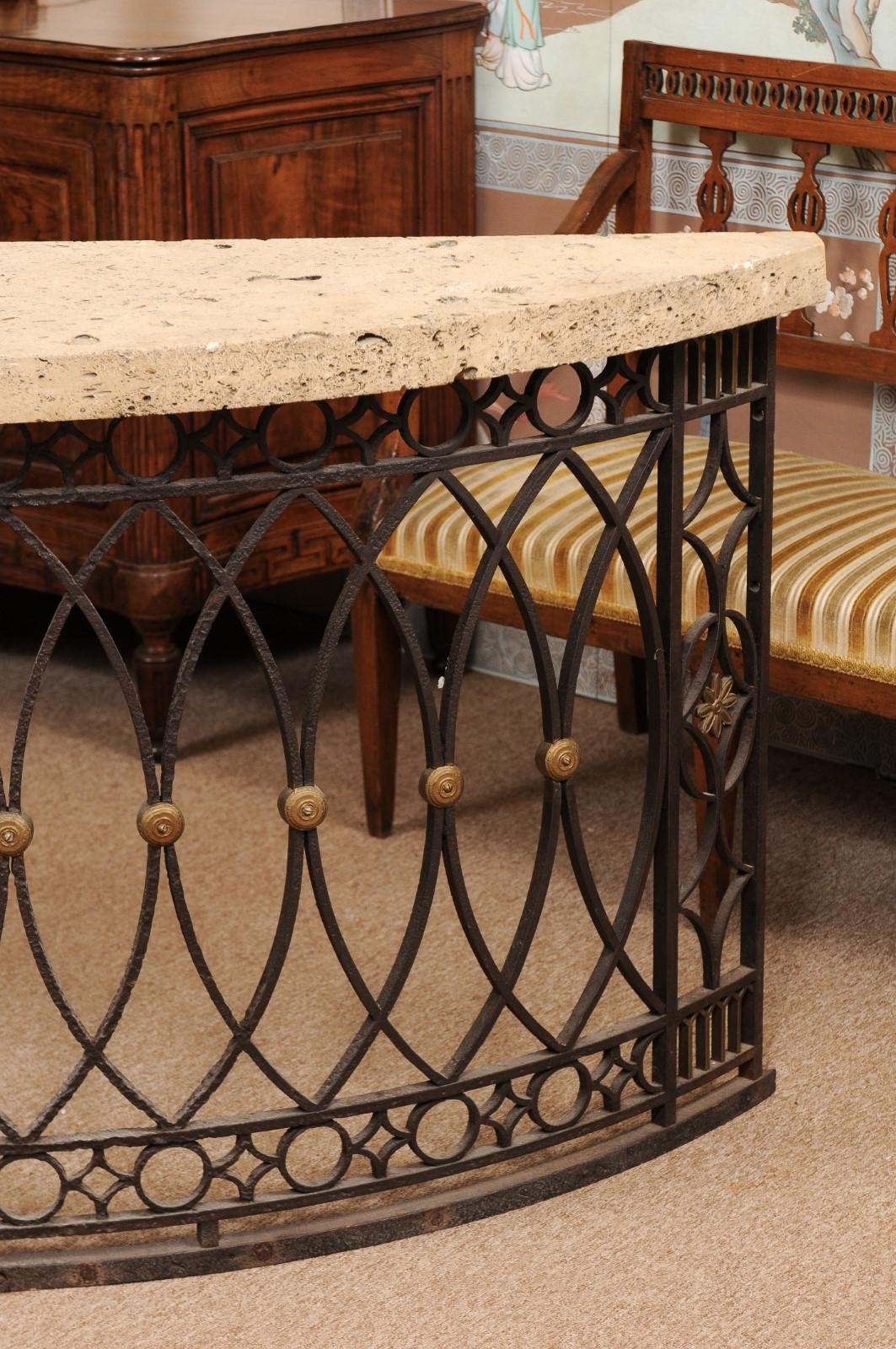 Iron Demilune Console Table with Fossilized Stone Top, Late 19th Century 1