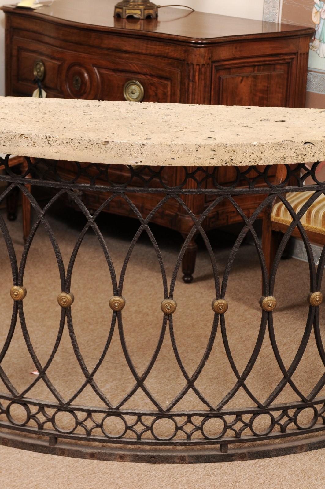 Iron Demilune Console Table with Fossilized Stone Top, Late 19th Century 2