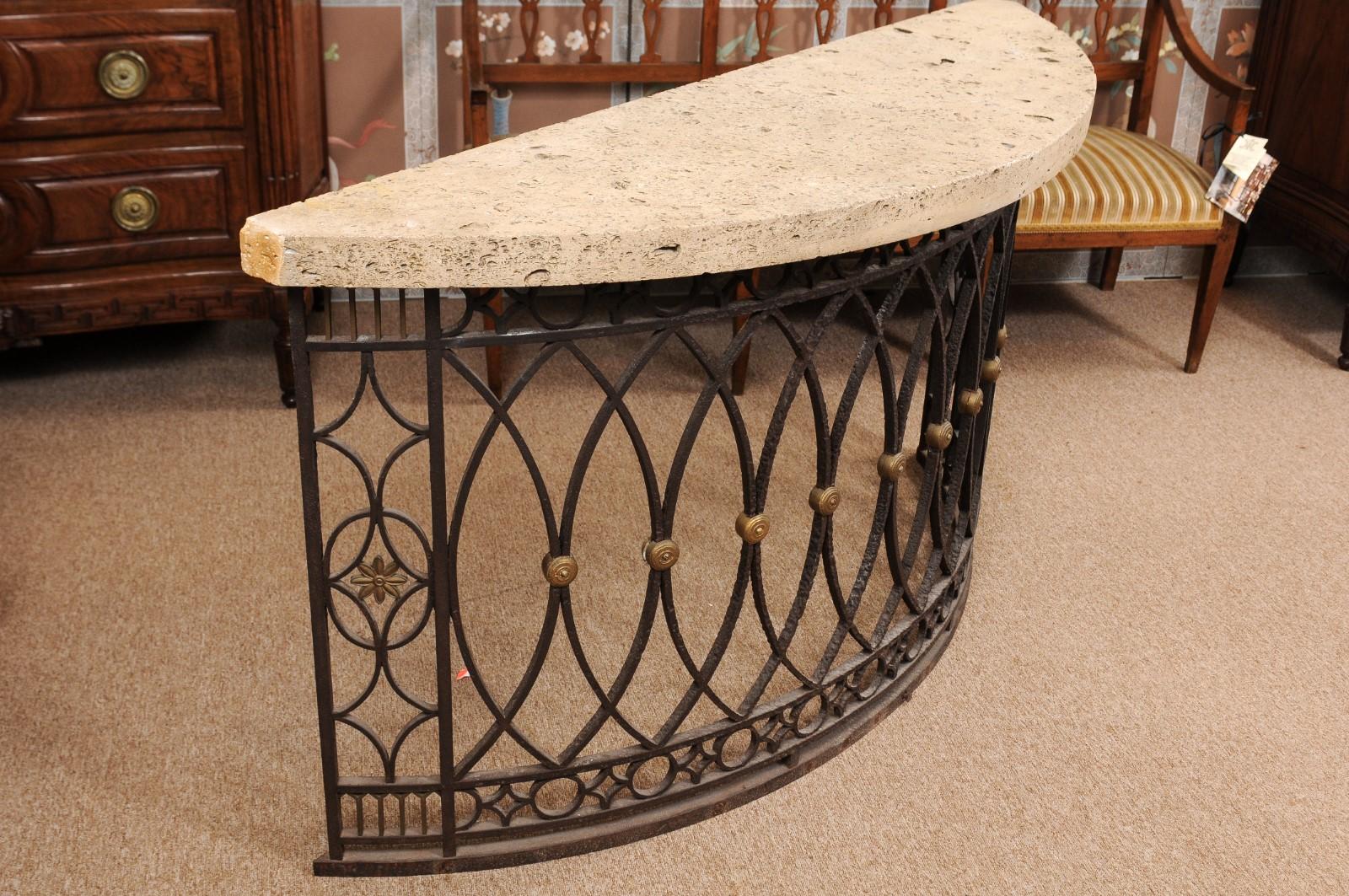 Iron Demilune Console Table with Fossilized Stone Top, Late 19th Century 4
