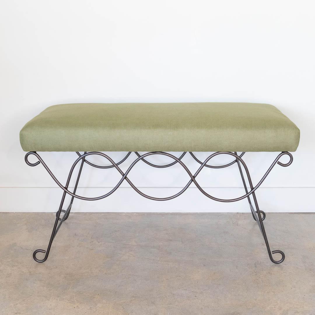 Panoplie Iron Double Loop Bench, Green Linen In New Condition For Sale In Los Angeles, CA