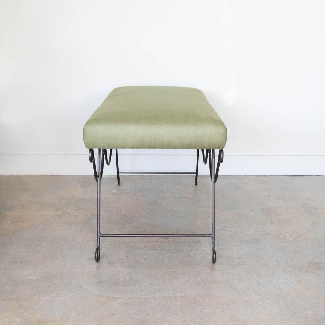 Contemporary Panoplie Iron Double Loop Bench, Green Linen For Sale
