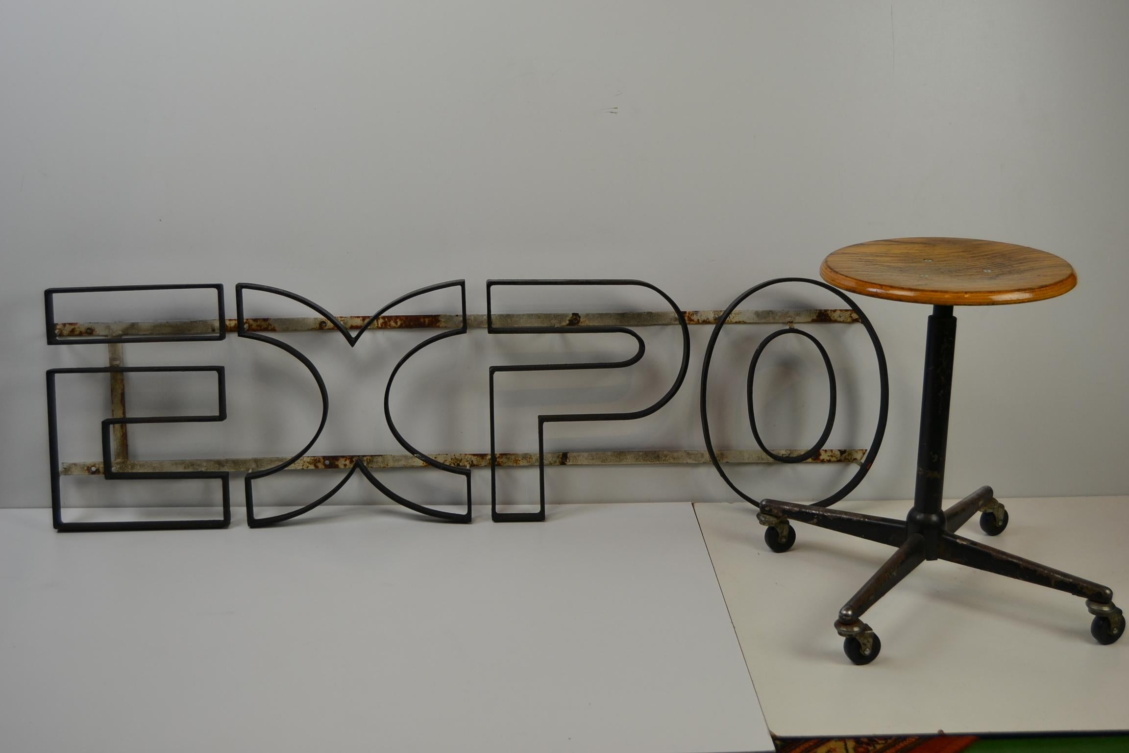 Iron EXPO sign, 1950s, Belgium awesome vintage EXPO - Sign from the 1950s.
This late Art Deco sign is made of solid metal.
Comes from a former exposition building in Ieper Belgium, where many exhibitions took place in the past.
Great shaped large
