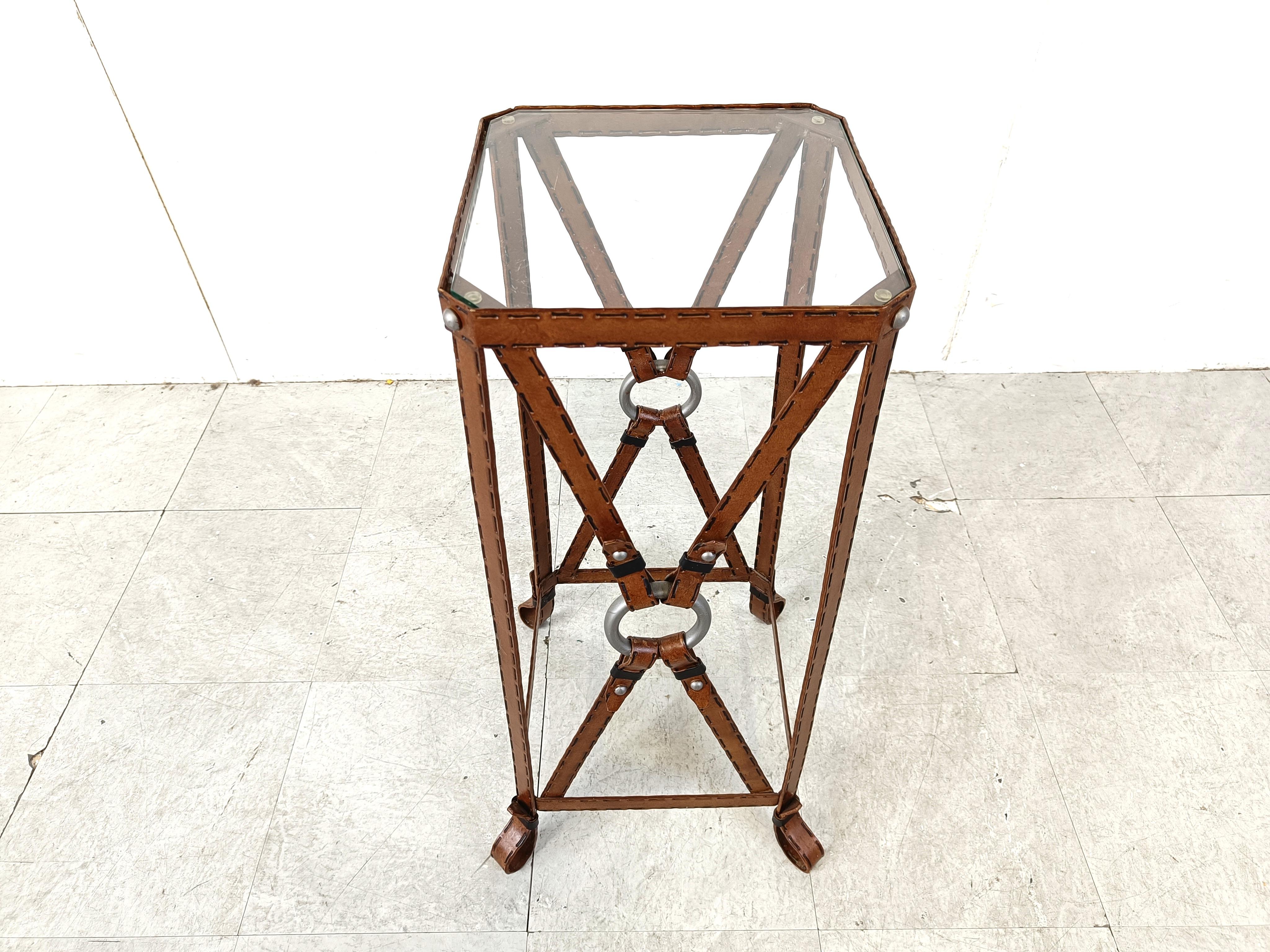 Mid-Century Modern Iron Faux Leather Side Table in the style of Jacques Adnet For Sale