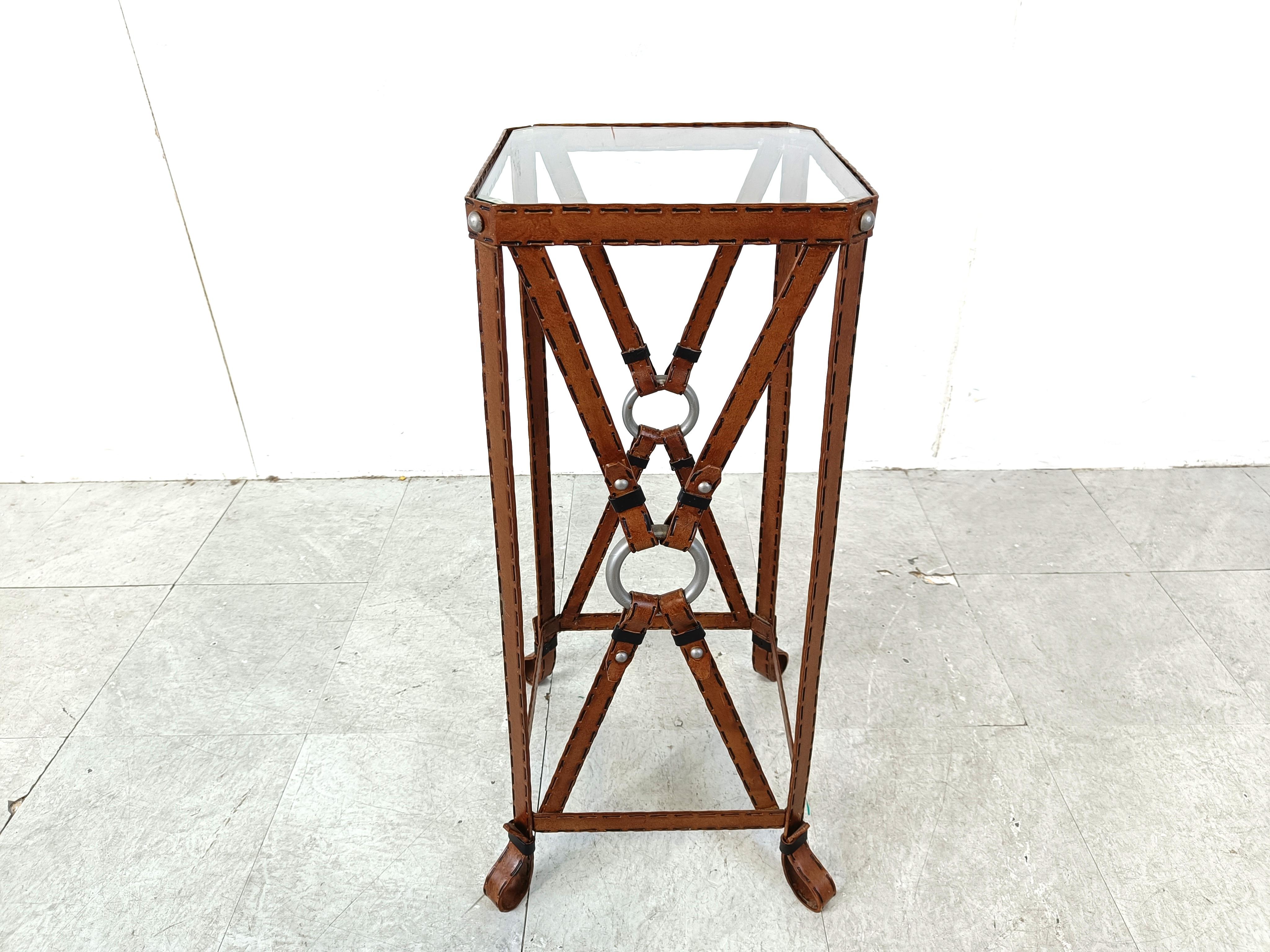 French Iron Faux Leather Side Table in the style of Jacques Adnet For Sale