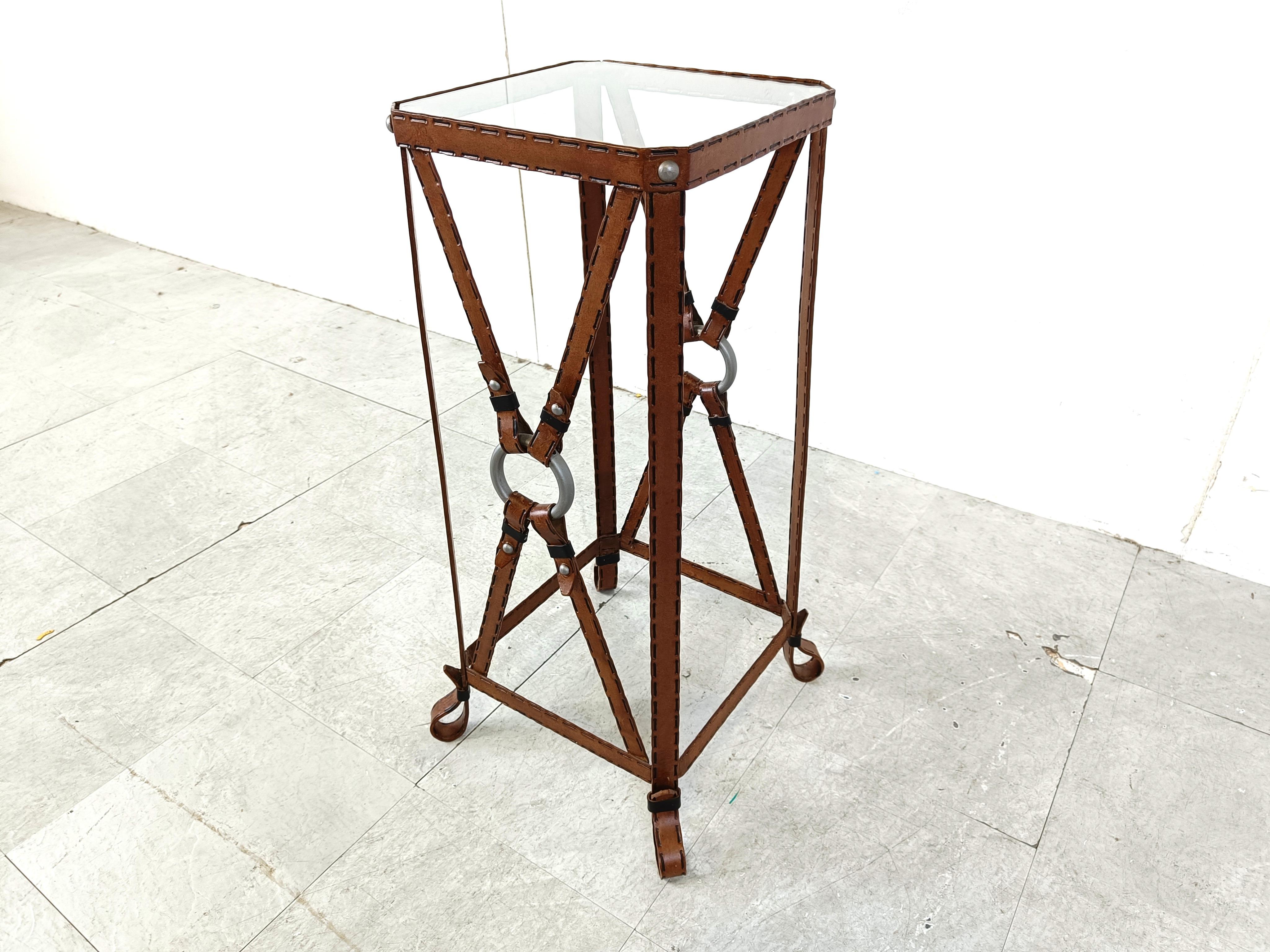 Glass Iron Faux Leather Side Table in the style of Jacques Adnet For Sale