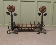 Iron Fire Grate Set on Arts and Crafts Tudor Rose Andirons