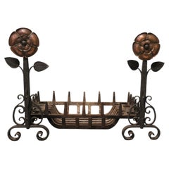 Iron Fire Grate Set on Arts and Crafts Tudor Rose Andirons