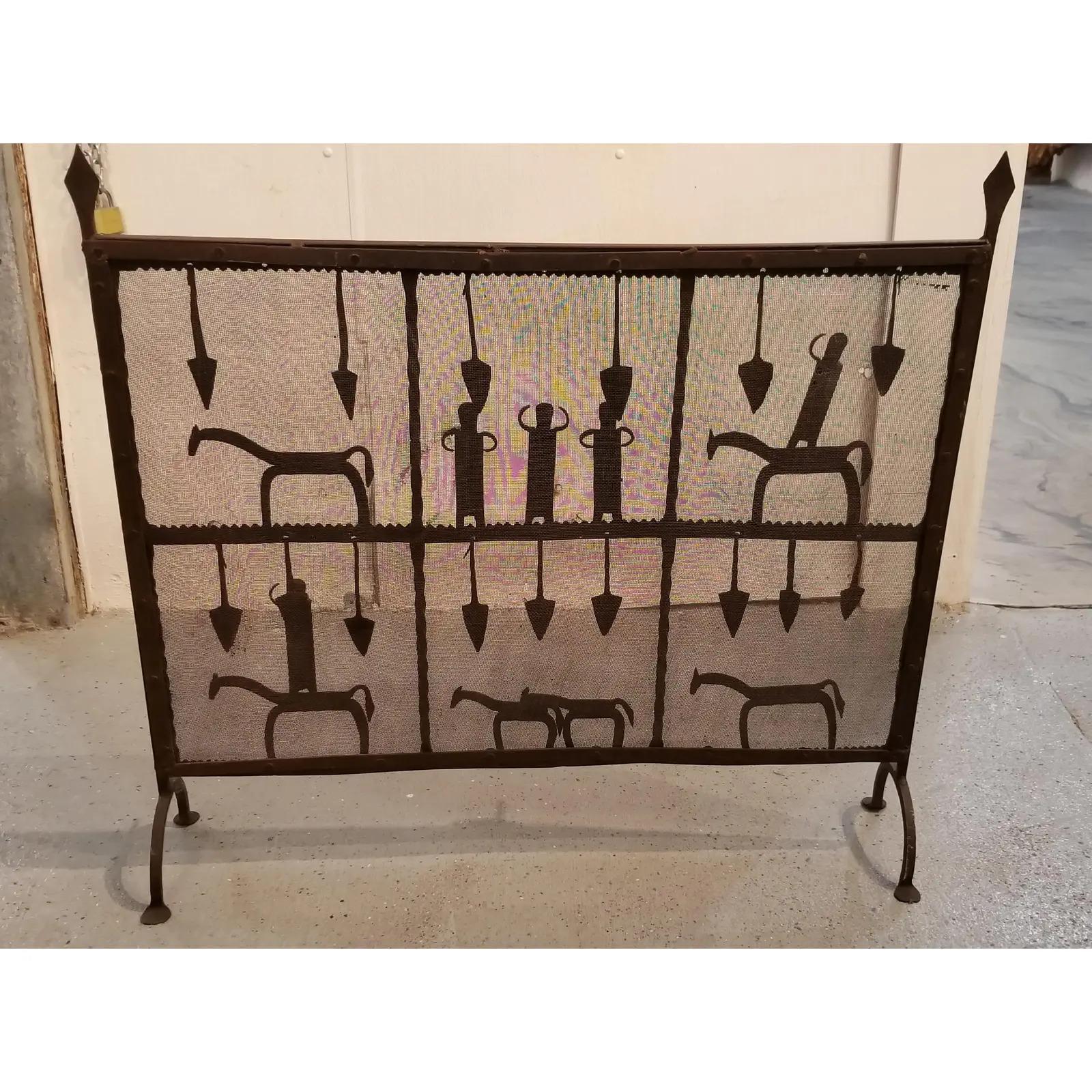 Folk Art Iron Fireplace Screen with Horses and Figures