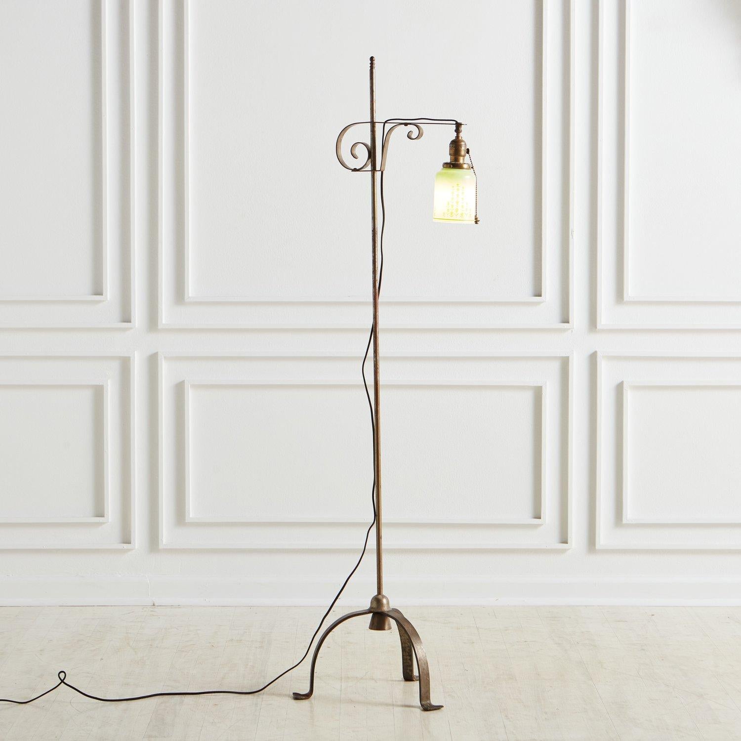 Organic Modern Iron Floor Lamp with Green Glass Lampshade, 1930s