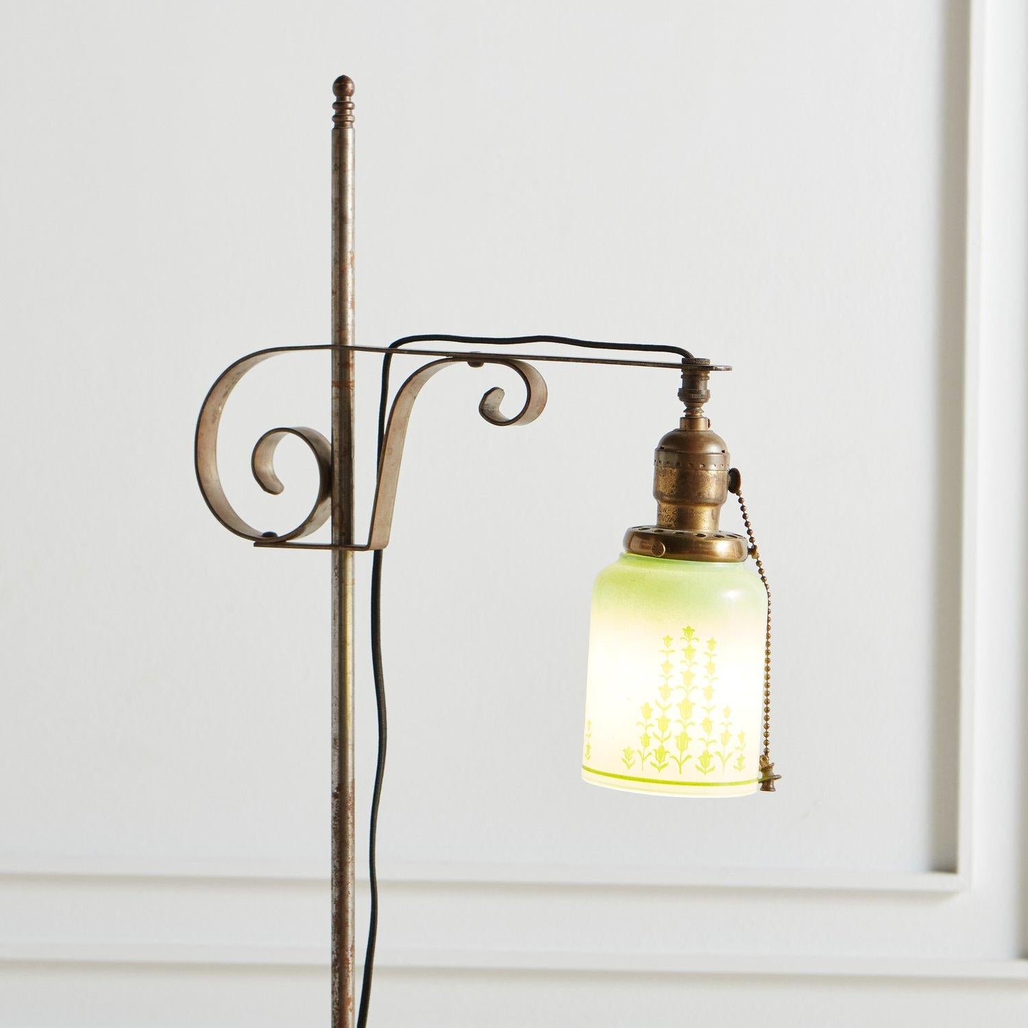 Iron Floor Lamp with Green Glass Lampshade, 1930s In Good Condition In Chicago, IL
