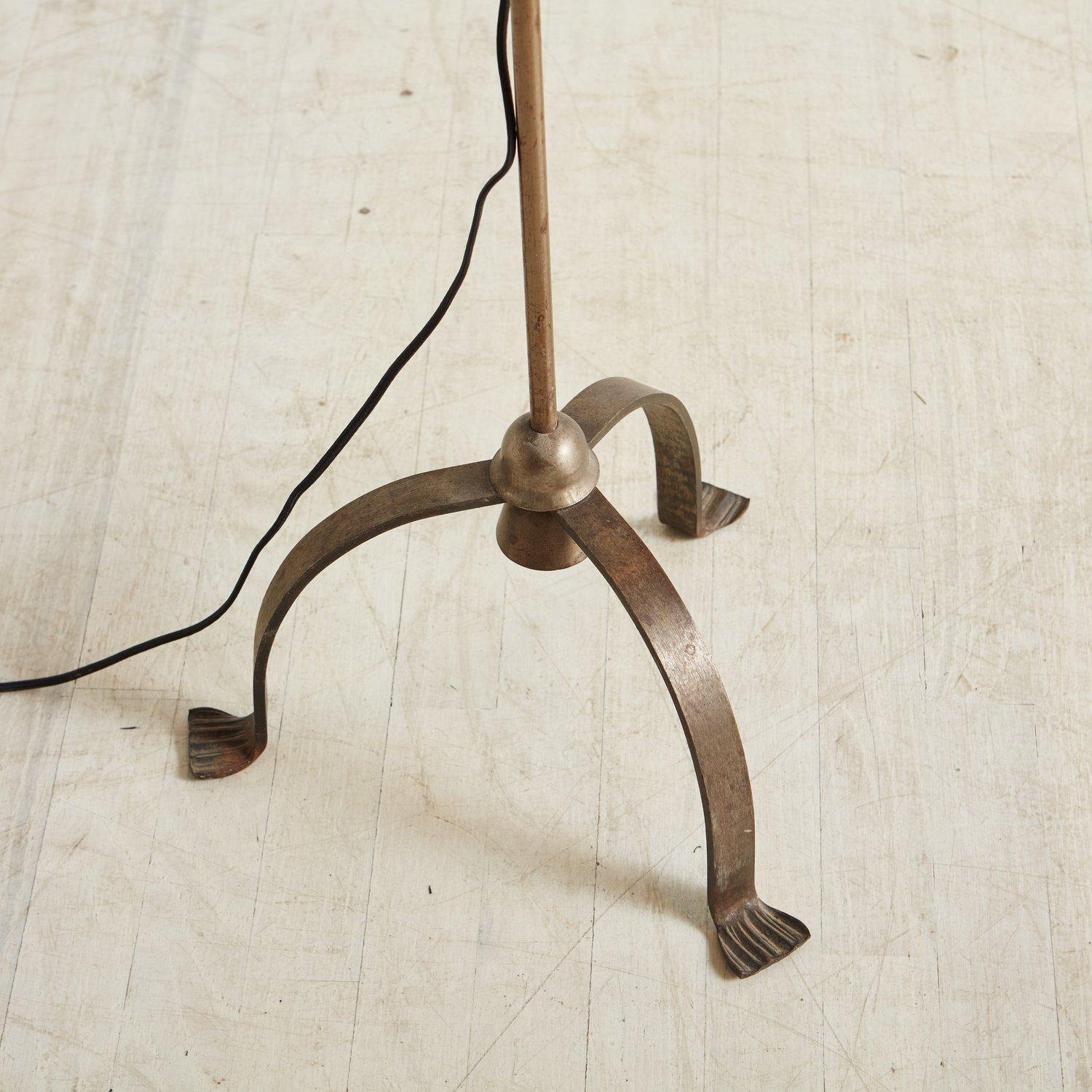 Mid-20th Century Iron Floor Lamp with Green Glass Lampshade, 1930s
