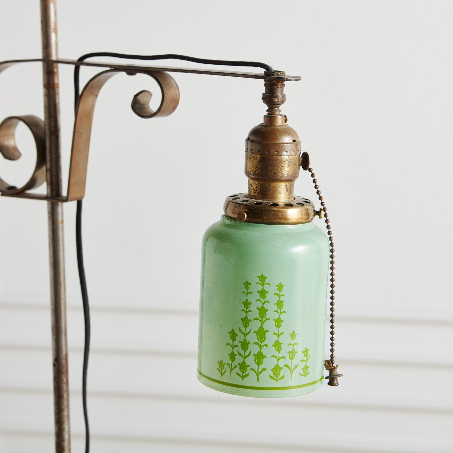 Iron Floor Lamp with Green Glass Lampshade, 1930s 1