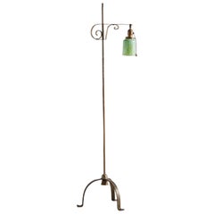 Iron Floor Lamp with Green Glass Lampshade, 1930s