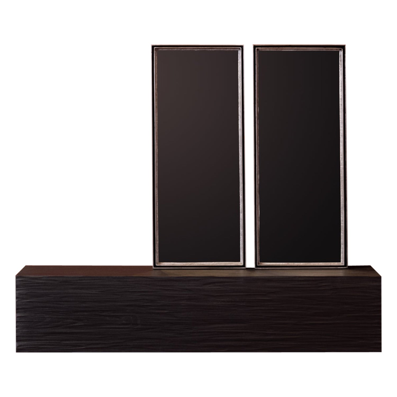 'Talisman mirror No. 5' by Rooms Studio is an iron-framed double mirror atop a hand-carved and blackened oak wall-mounted shelf. This piece would make an excellent entry or hall mirror, utilizing the shelf as an additional surface to display smaller