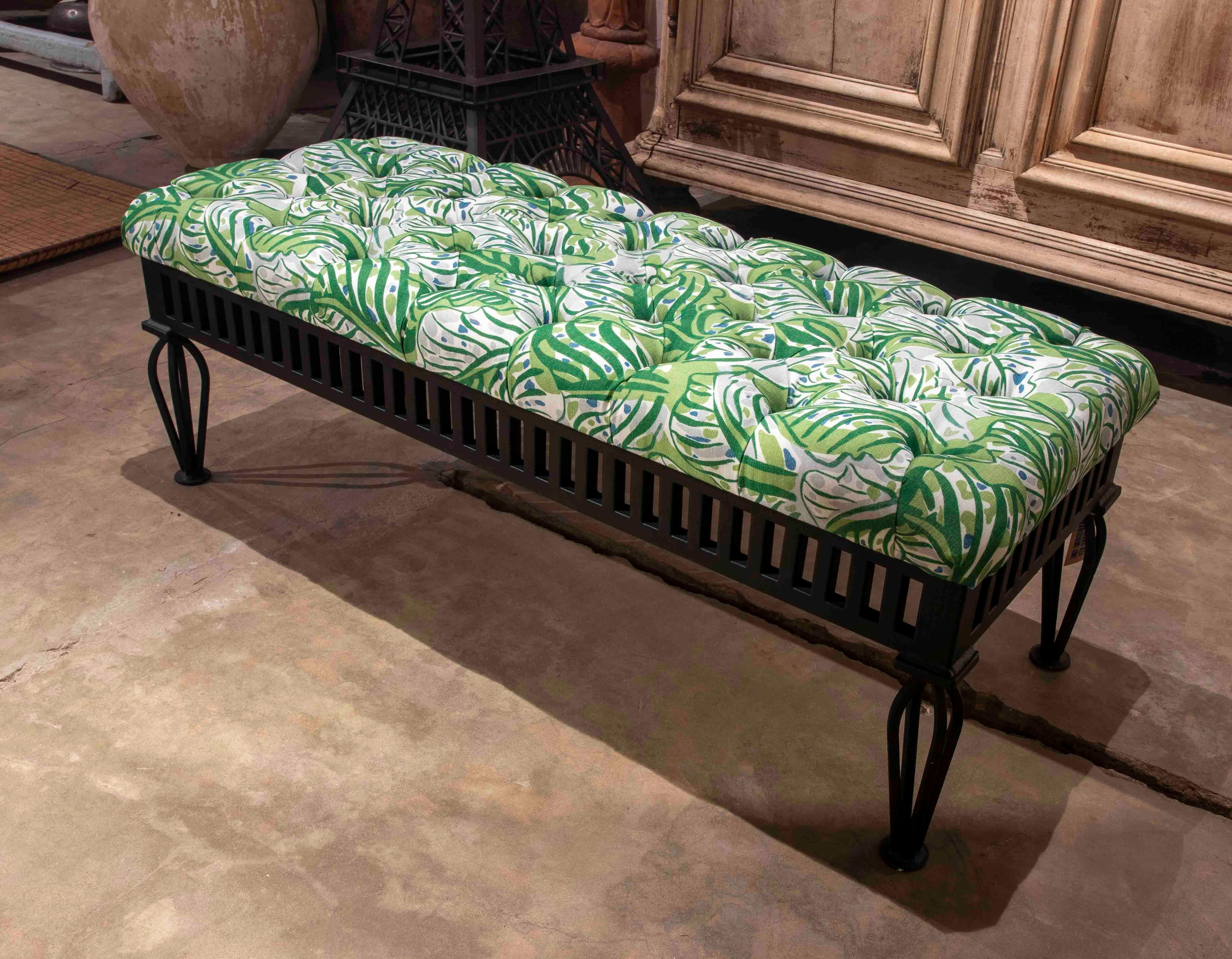 Iron-Framed Bench Upholstered with Christopher Farr Fabric In Good Condition For Sale In Marbella, ES