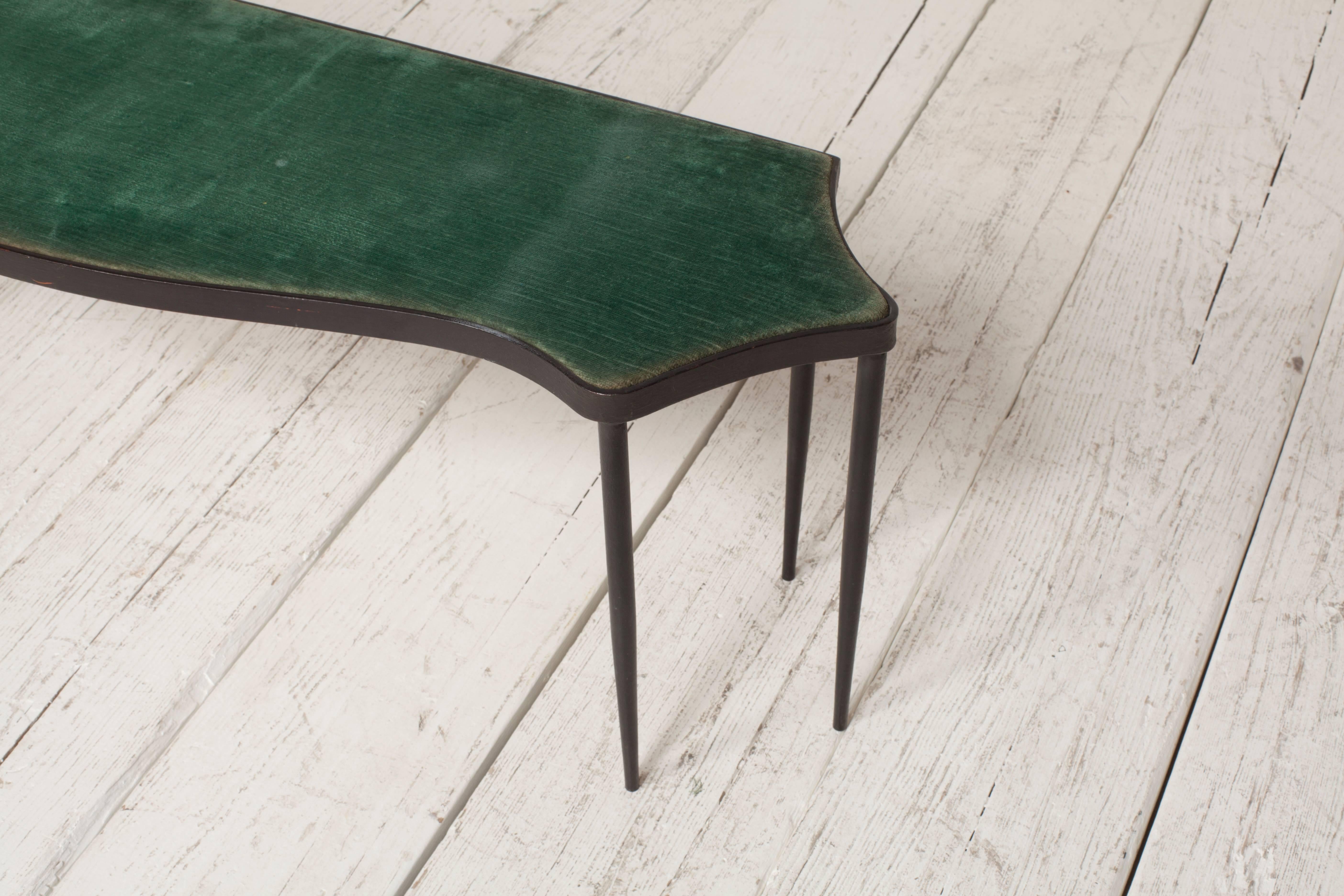 Iron Framed Bench with Six Tapered Legs Upholstered in Original Green Velvet In Excellent Condition In Los Angeles, CA
