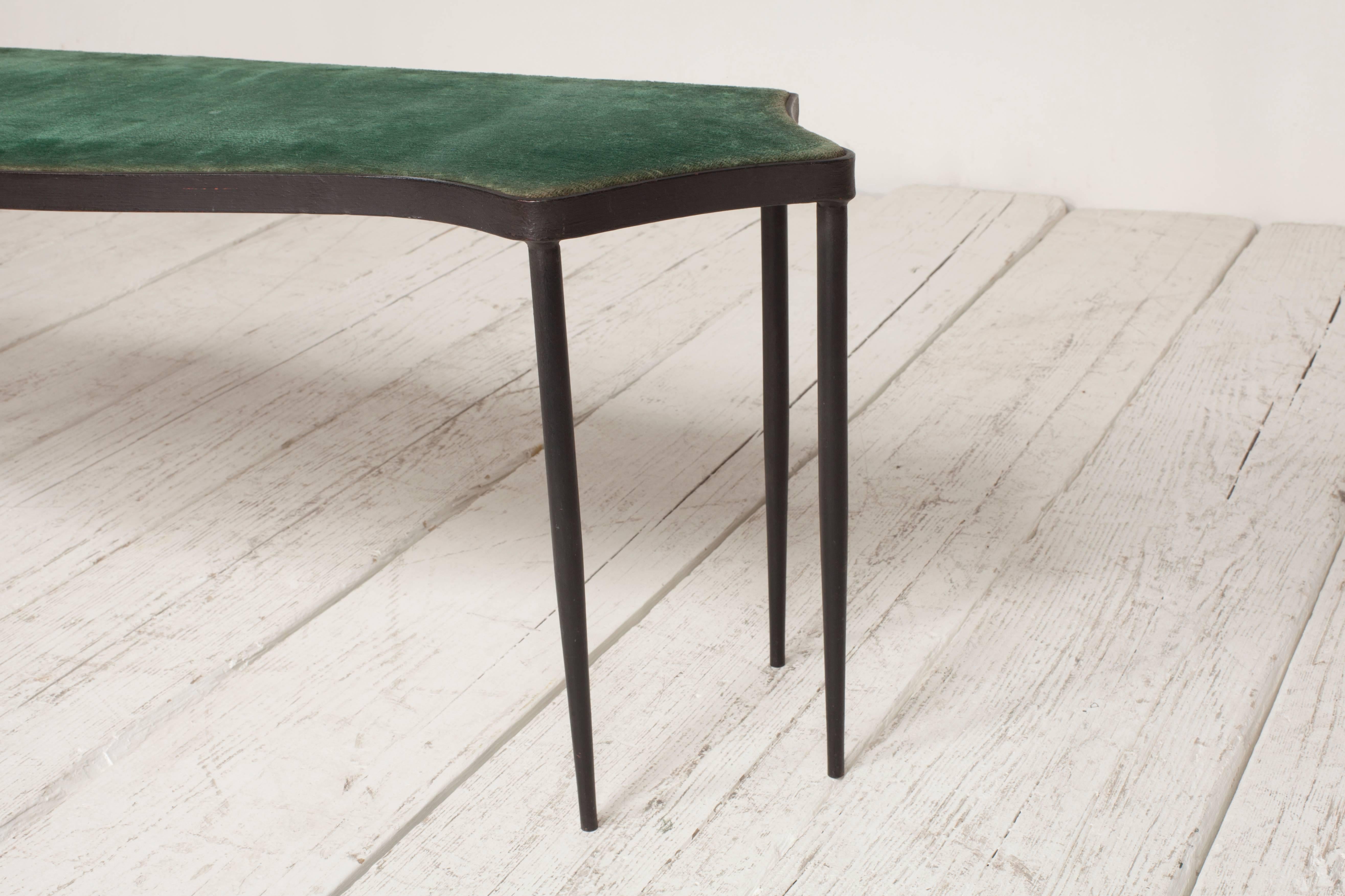 Early 20th Century Iron Framed Bench with Six Tapered Legs Upholstered in Original Green Velvet