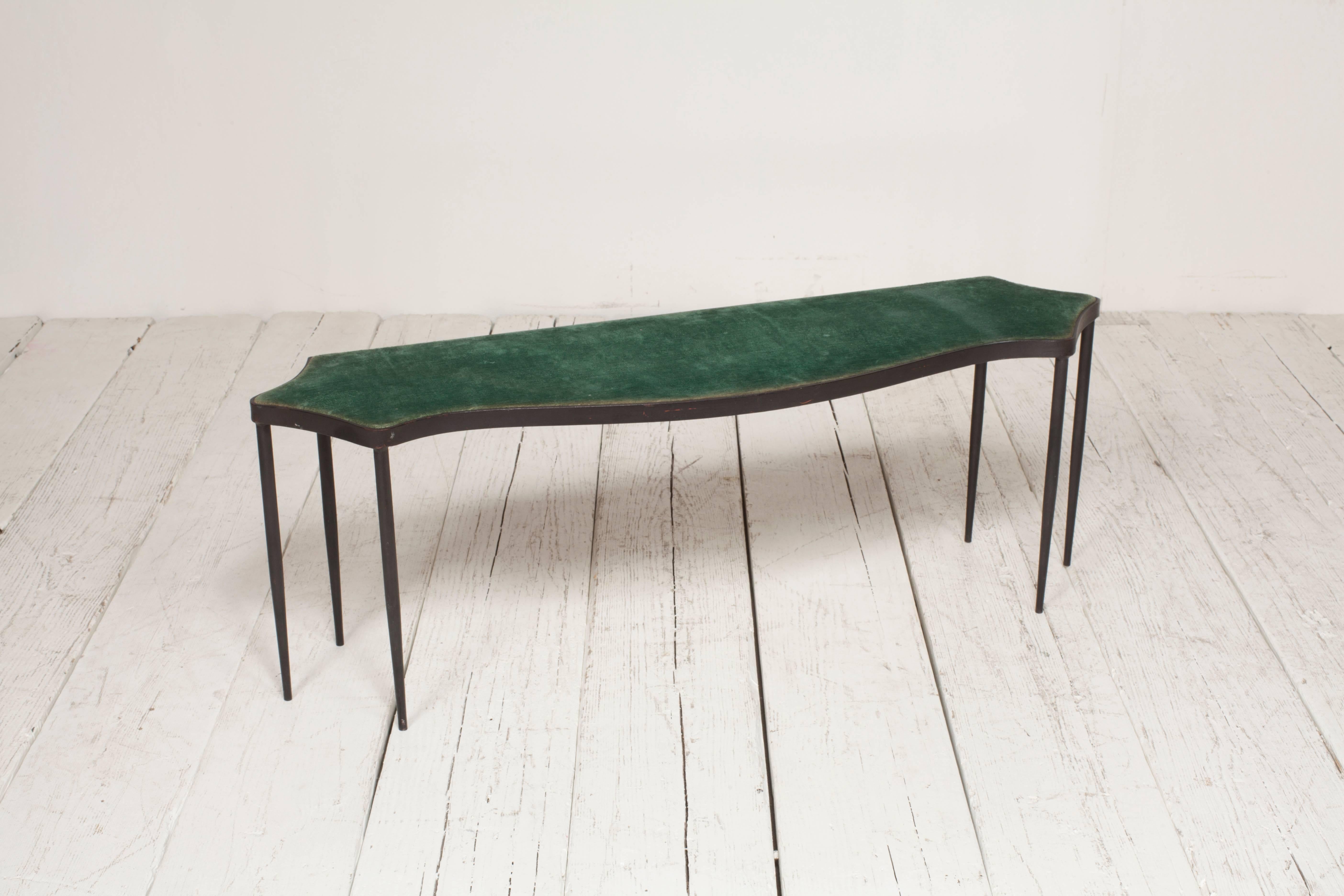 Iron Framed Bench with Six Tapered Legs Upholstered in Original Green Velvet 1