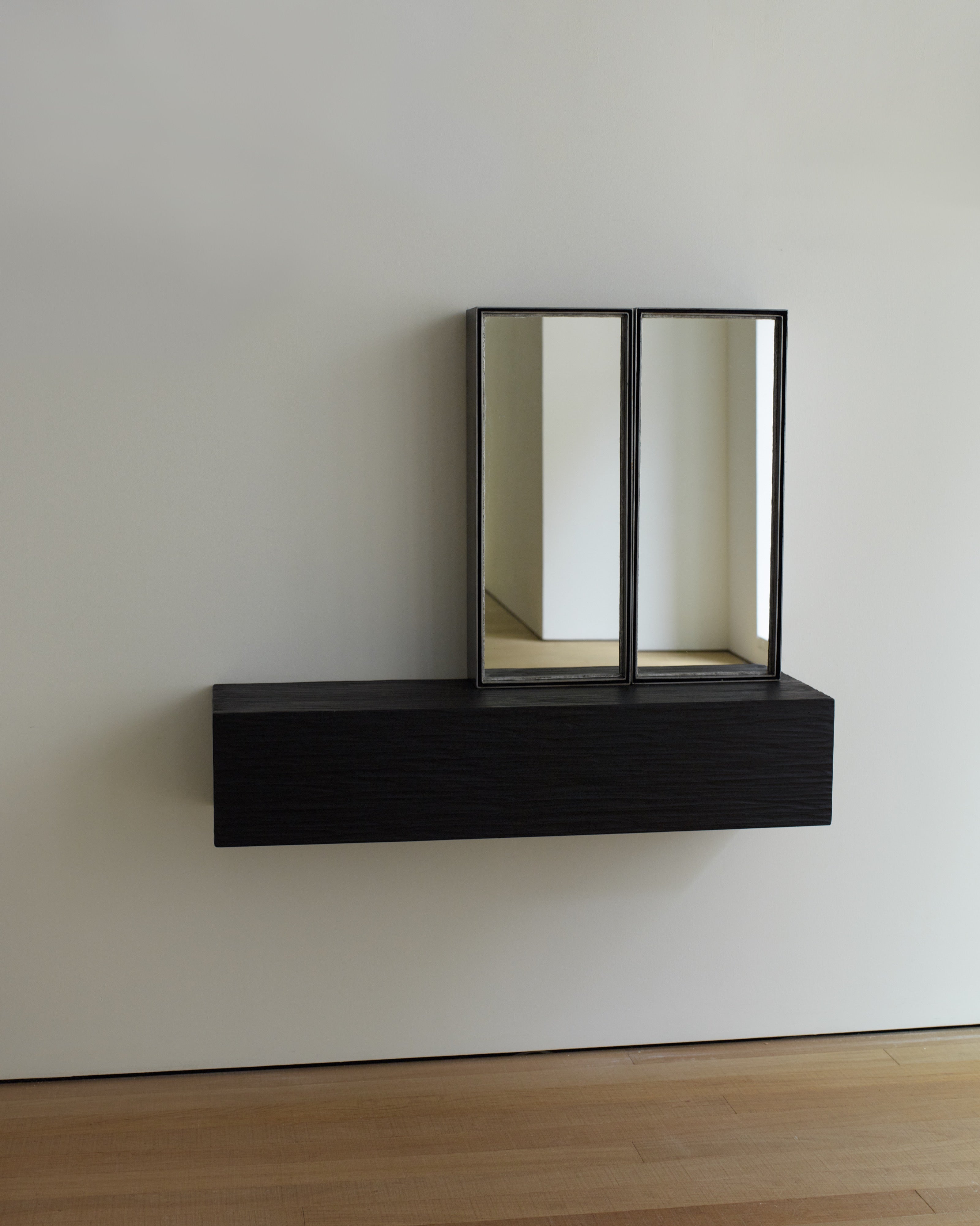 Iron-Frame Double Wall-Mounted Mirror on Carved and Blackened Oak Shelf 