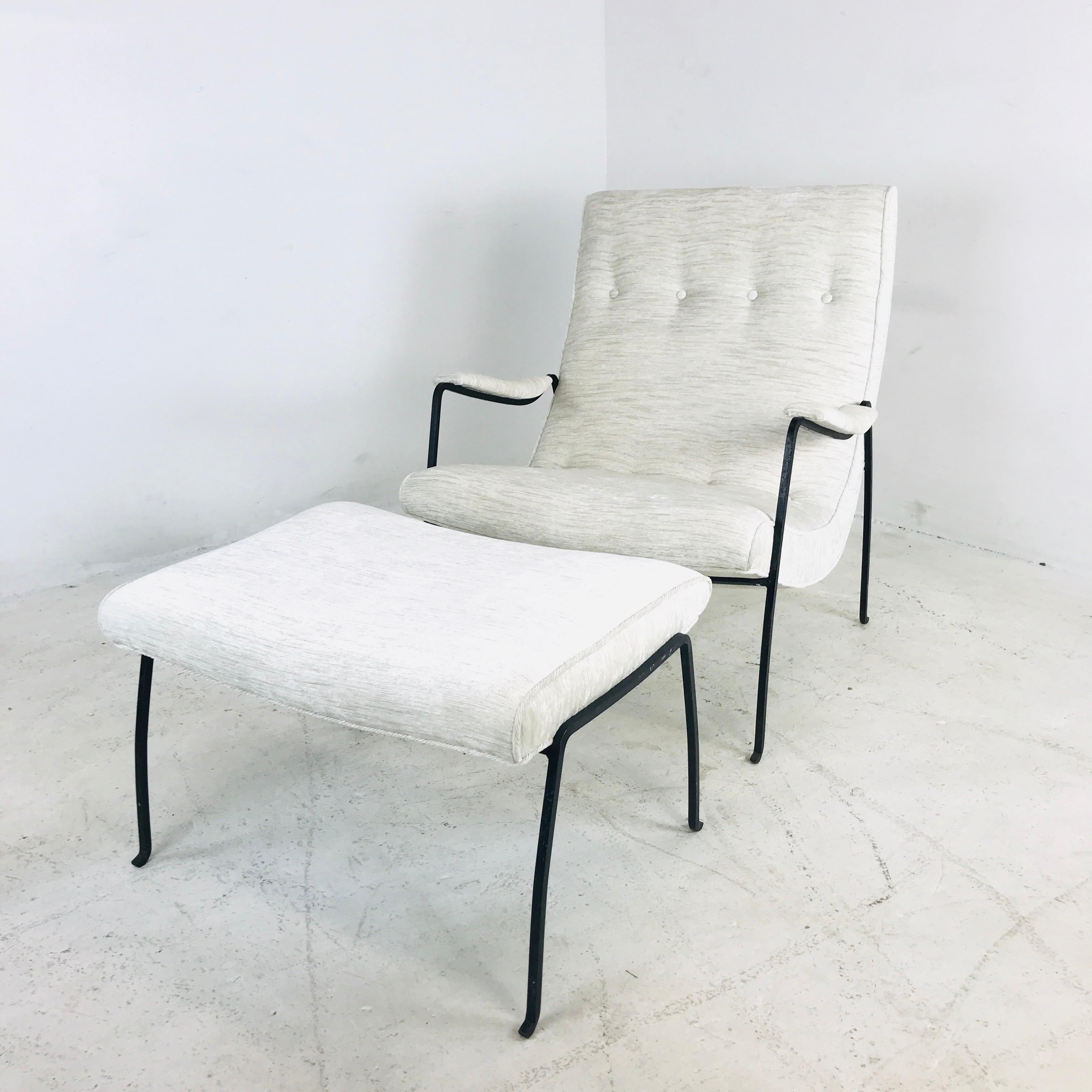 Rare wrought iron framed lounge chair and ottoman designed by Milo Baughman for Pacifica iron works from the 1950s. Newly reupholstered.