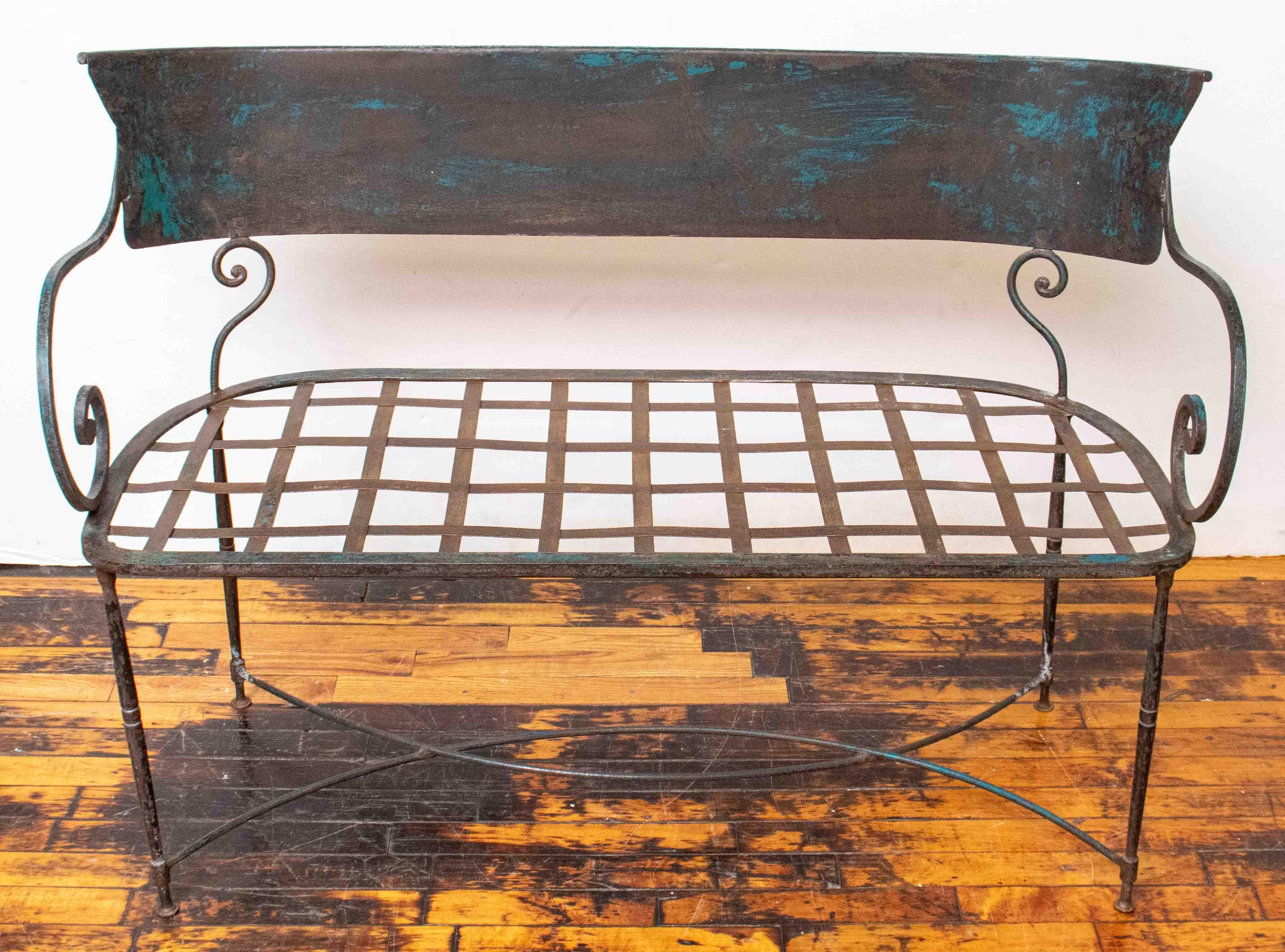 Early 20th Century Hand Wrought Iron French Garden Settee with Chenille Cushion 7