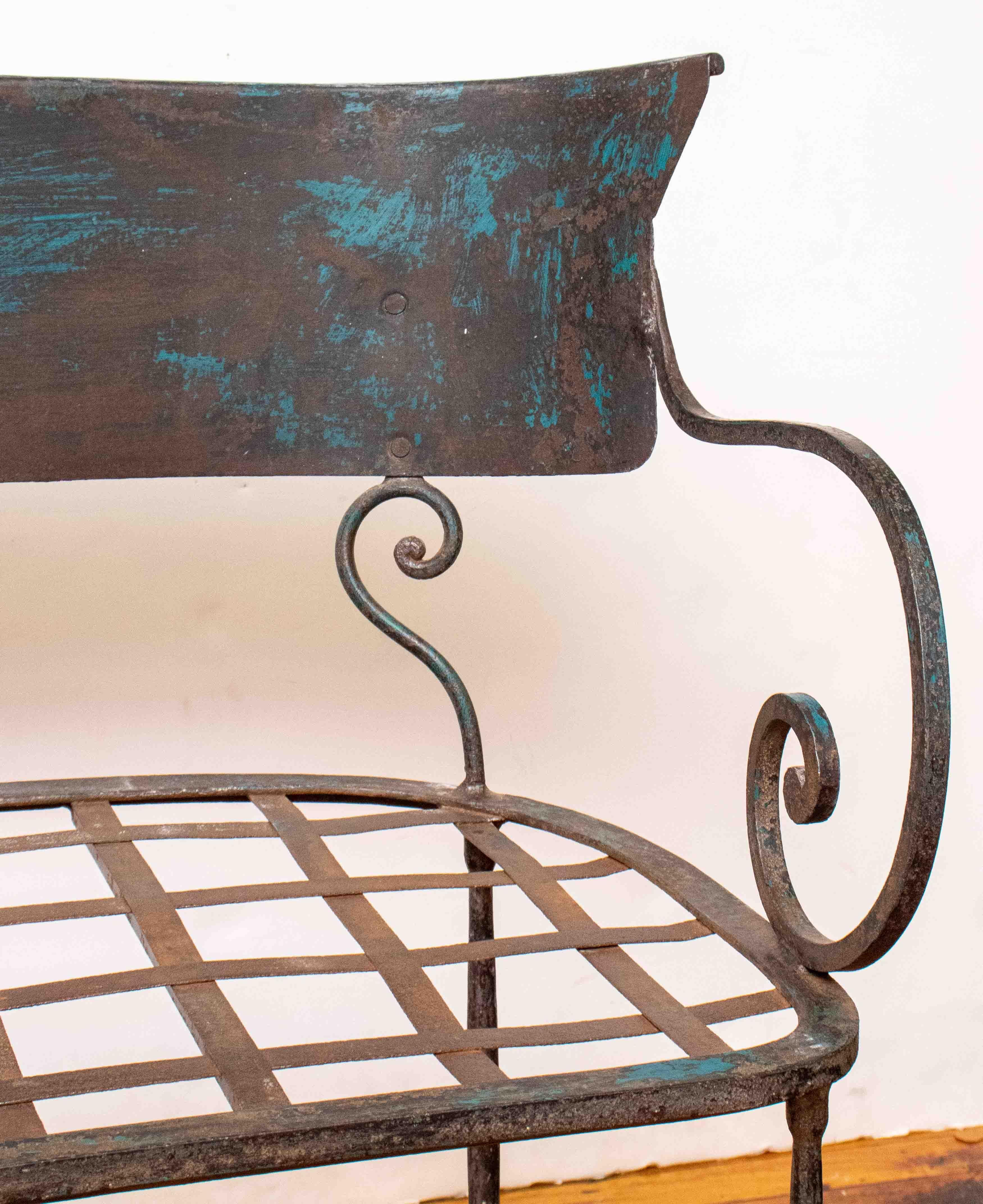 Early 20th Century Hand Wrought Iron French Garden Settee with Chenille Cushion 8