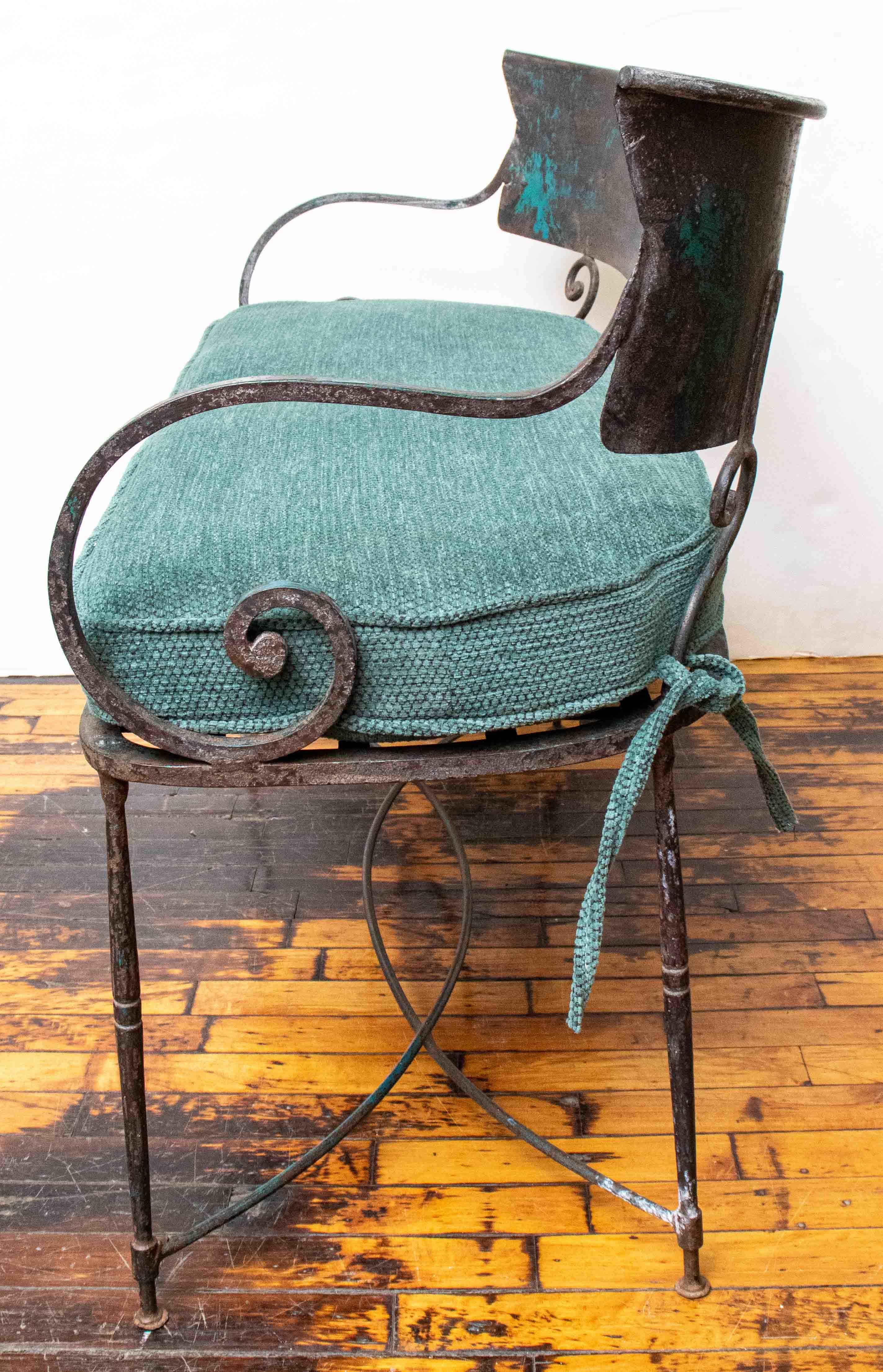 Early 20th Century Hand Wrought Iron French Garden Settee with Chenille Cushion 3
