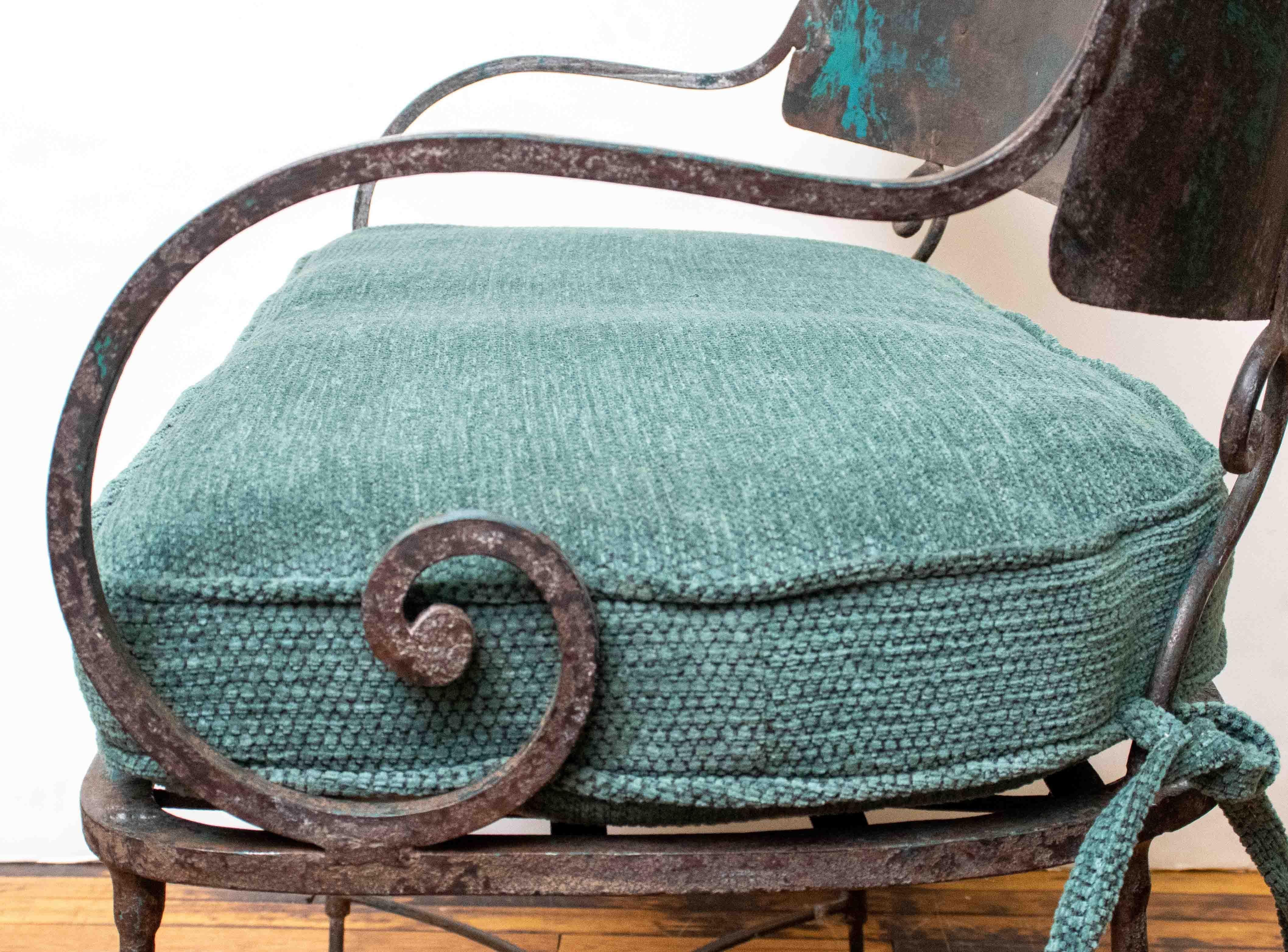 Early 20th Century Hand Wrought Iron French Garden Settee with Chenille Cushion 4