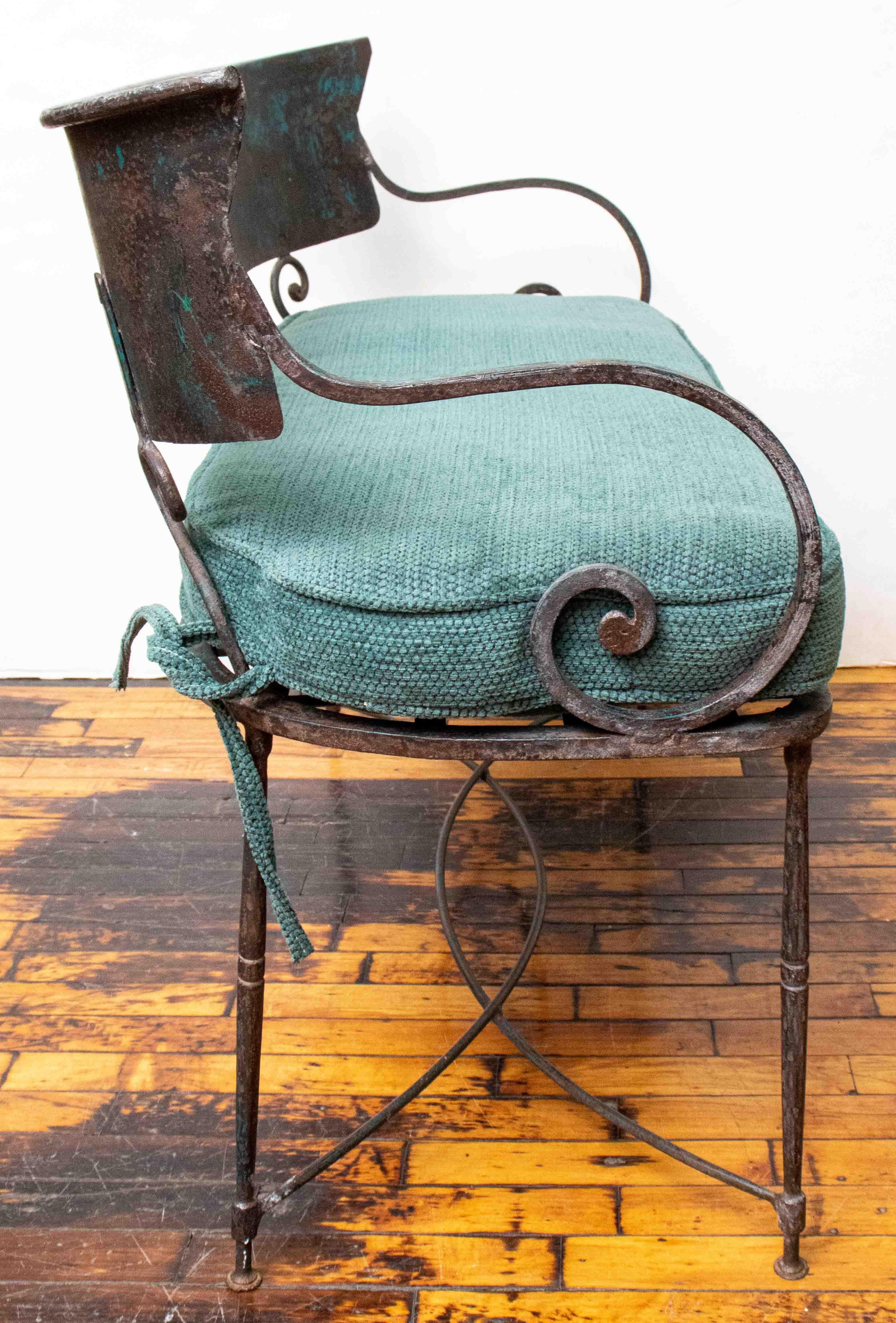 Early 20th Century Hand Wrought Iron French Garden Settee with Chenille Cushion 6